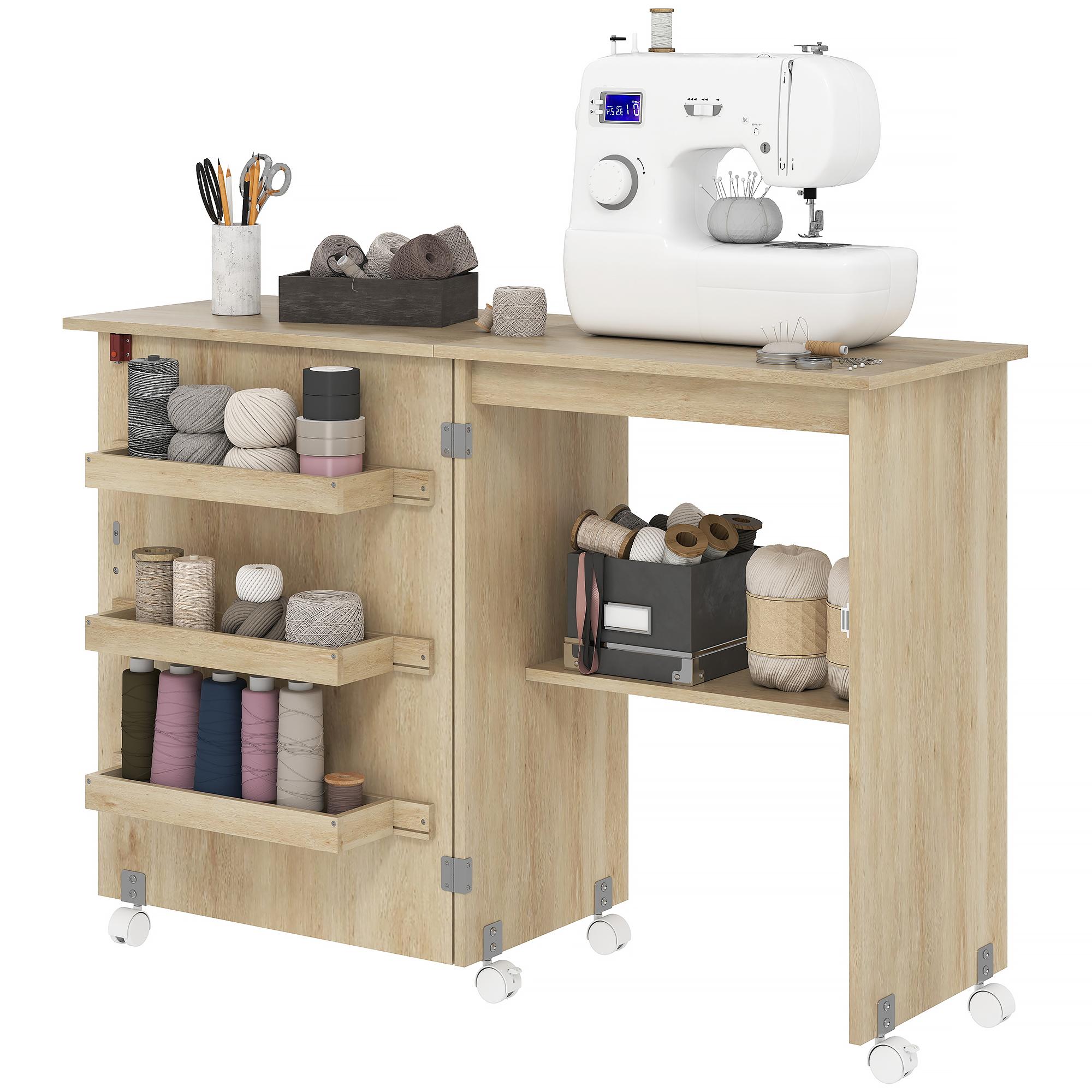 Natural Wood Folding Table with Storage for Sewing