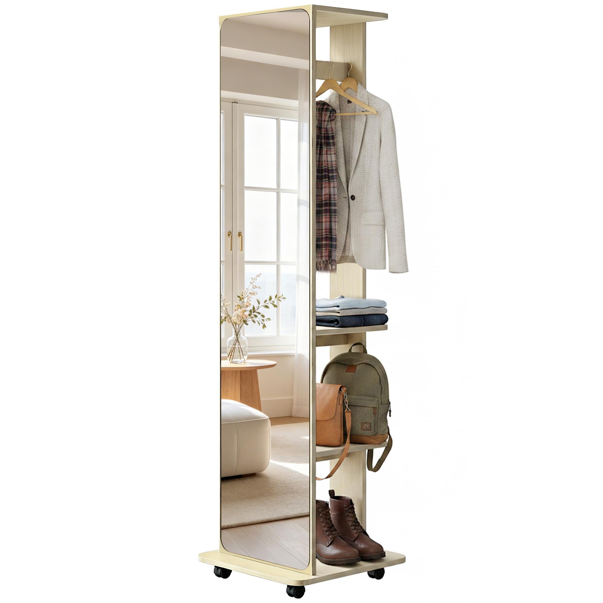 Natural Wood Storage Mirror, Full-Length Tempered Glass on Wheels