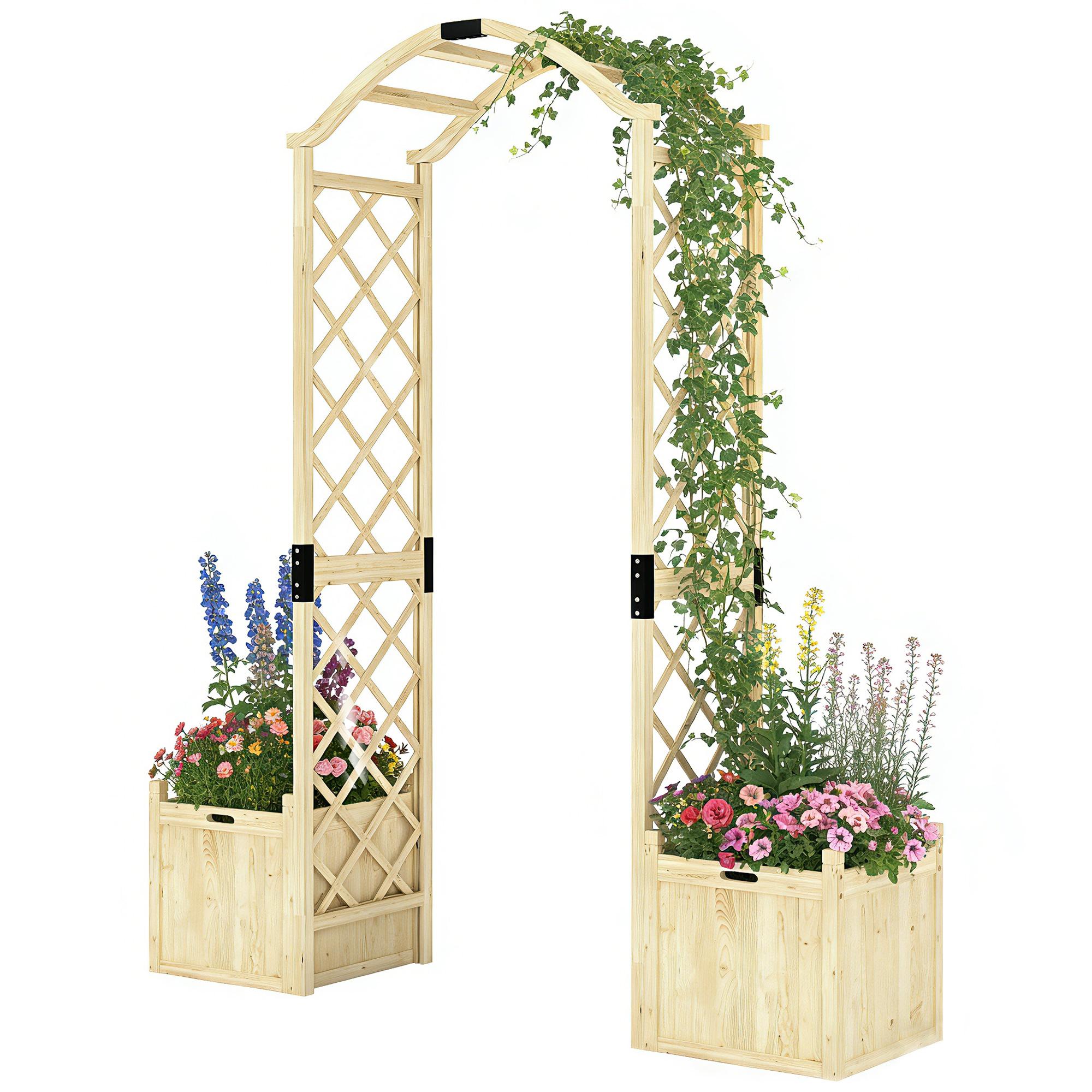 Natural Wood Garden Arch with Planter Boxes, 67.1 x 16.5 x 78.7 in