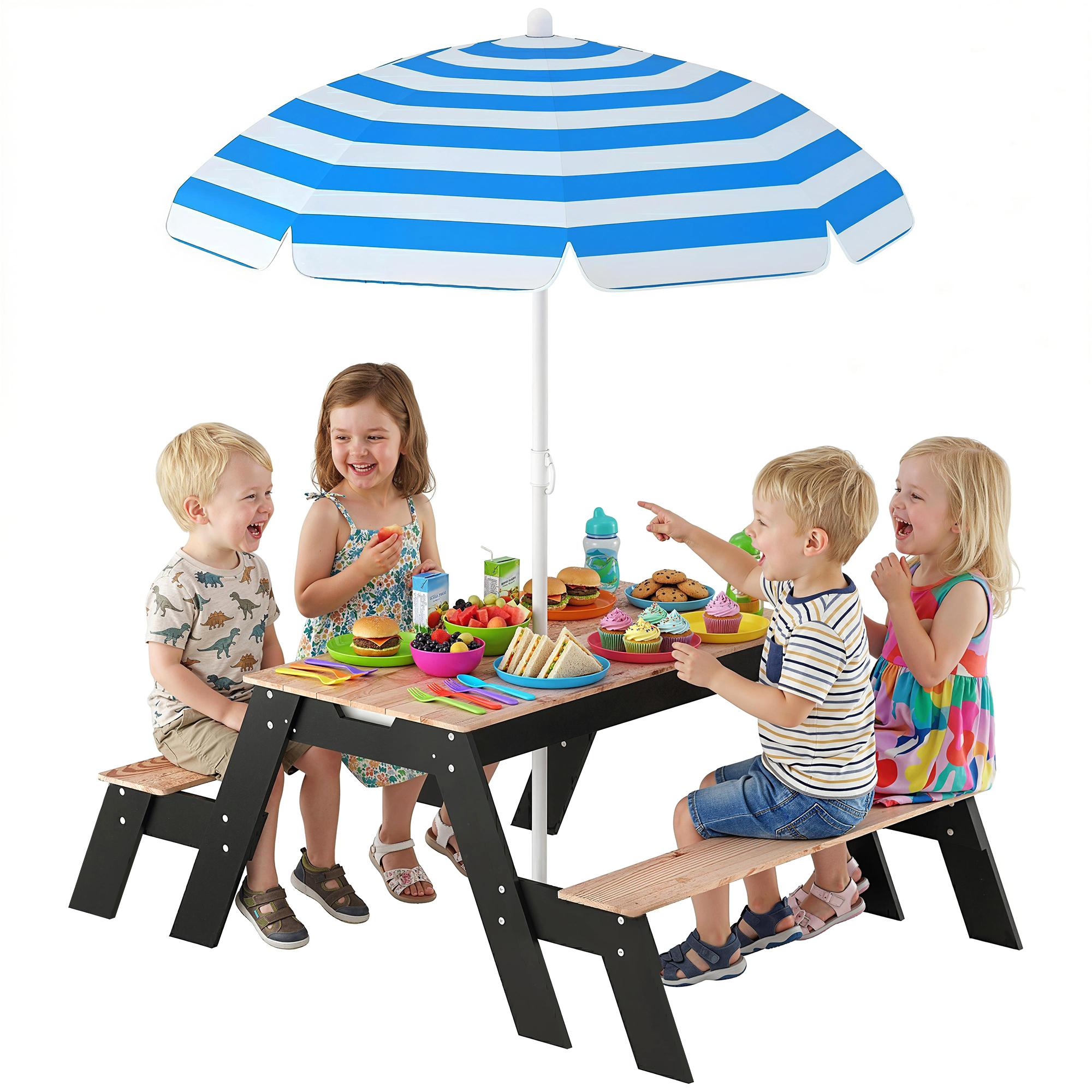 Natural Wood Kids Picnic Table with 3-in-1 Play Design