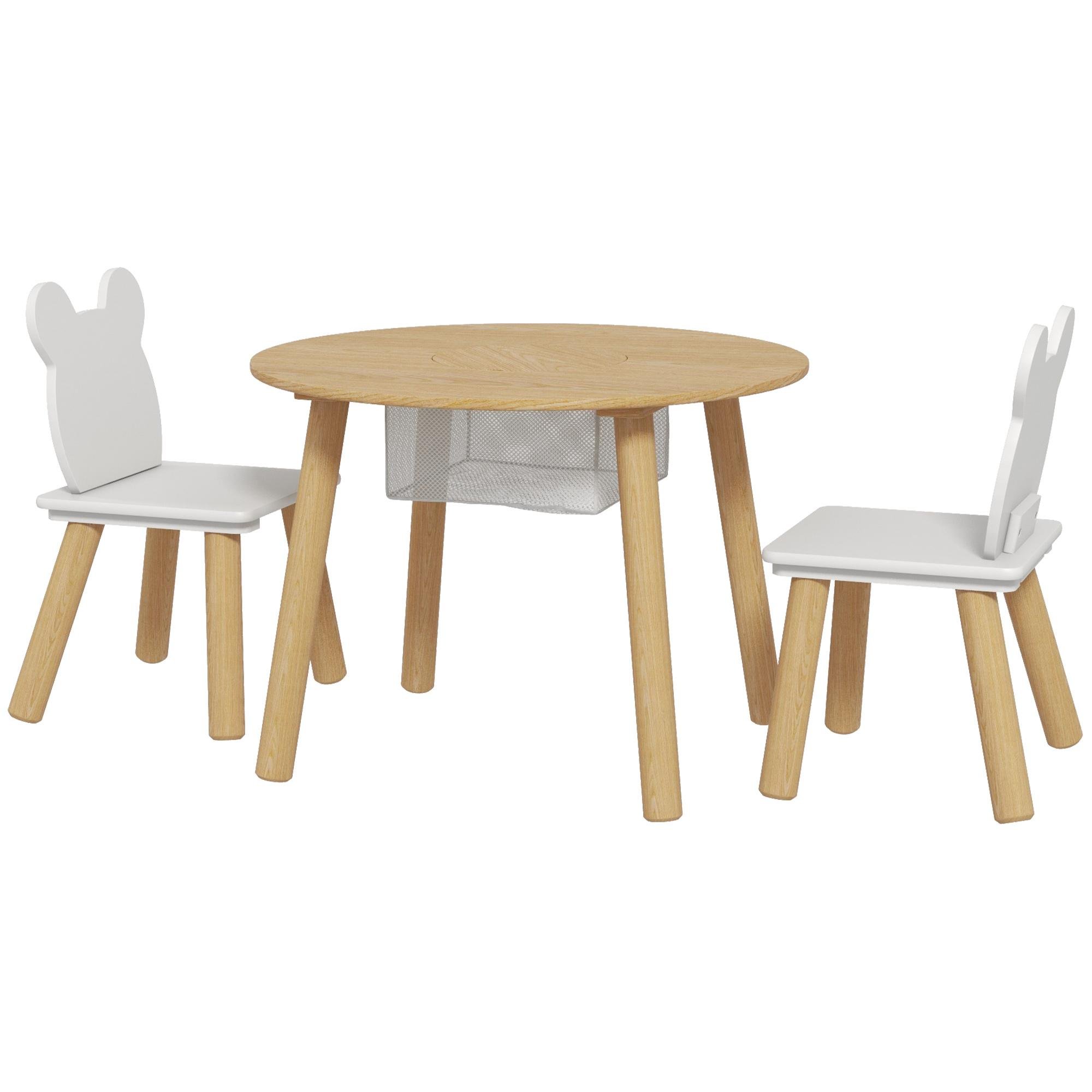 Natural Wood Kids Table Set with Mesh Bag and Bear Chairs