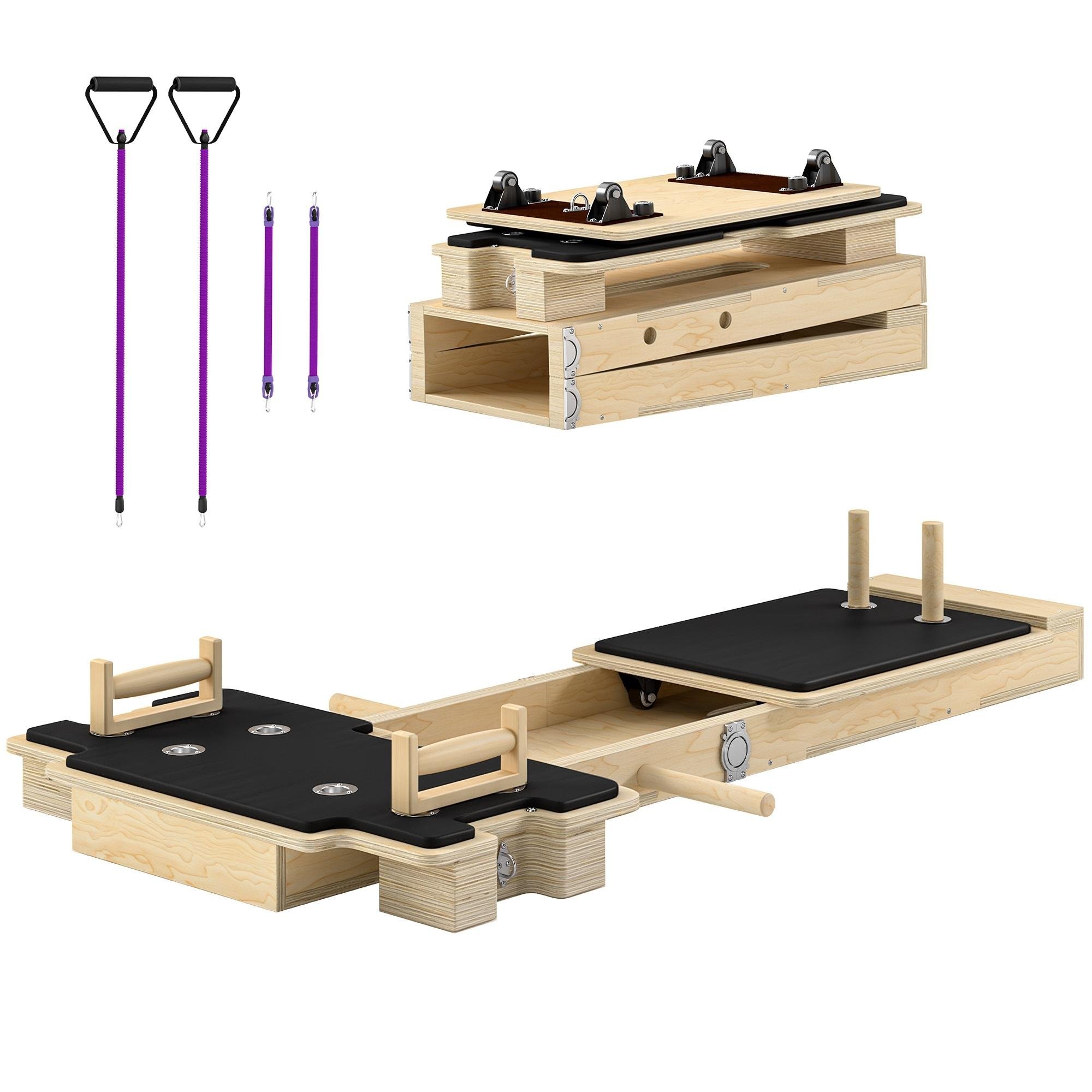 Natural Wood Pilates Reformer with Adjustable Bands for Home Workouts