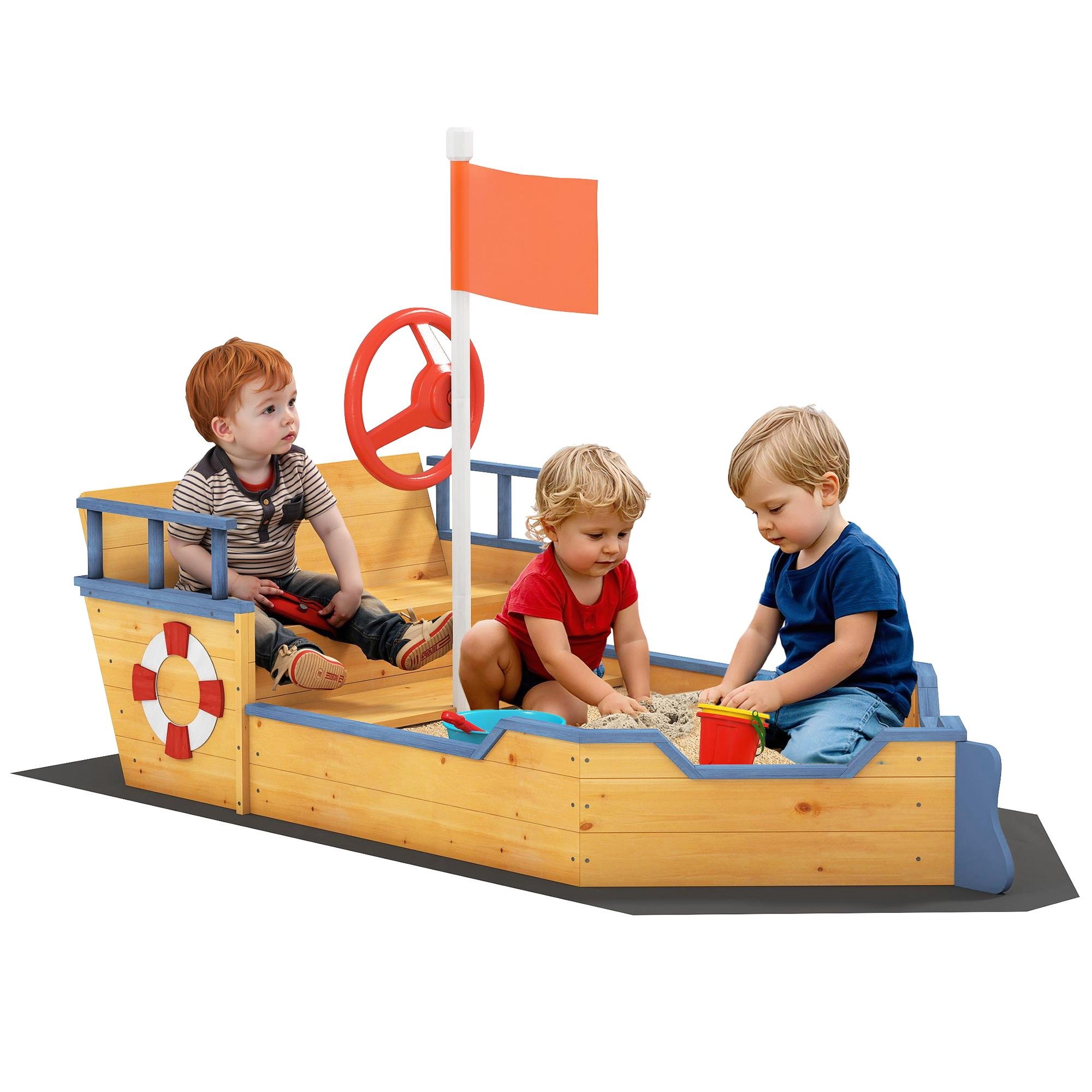 Natural Wood Pirate Sandbox with Bench Seat for Kids