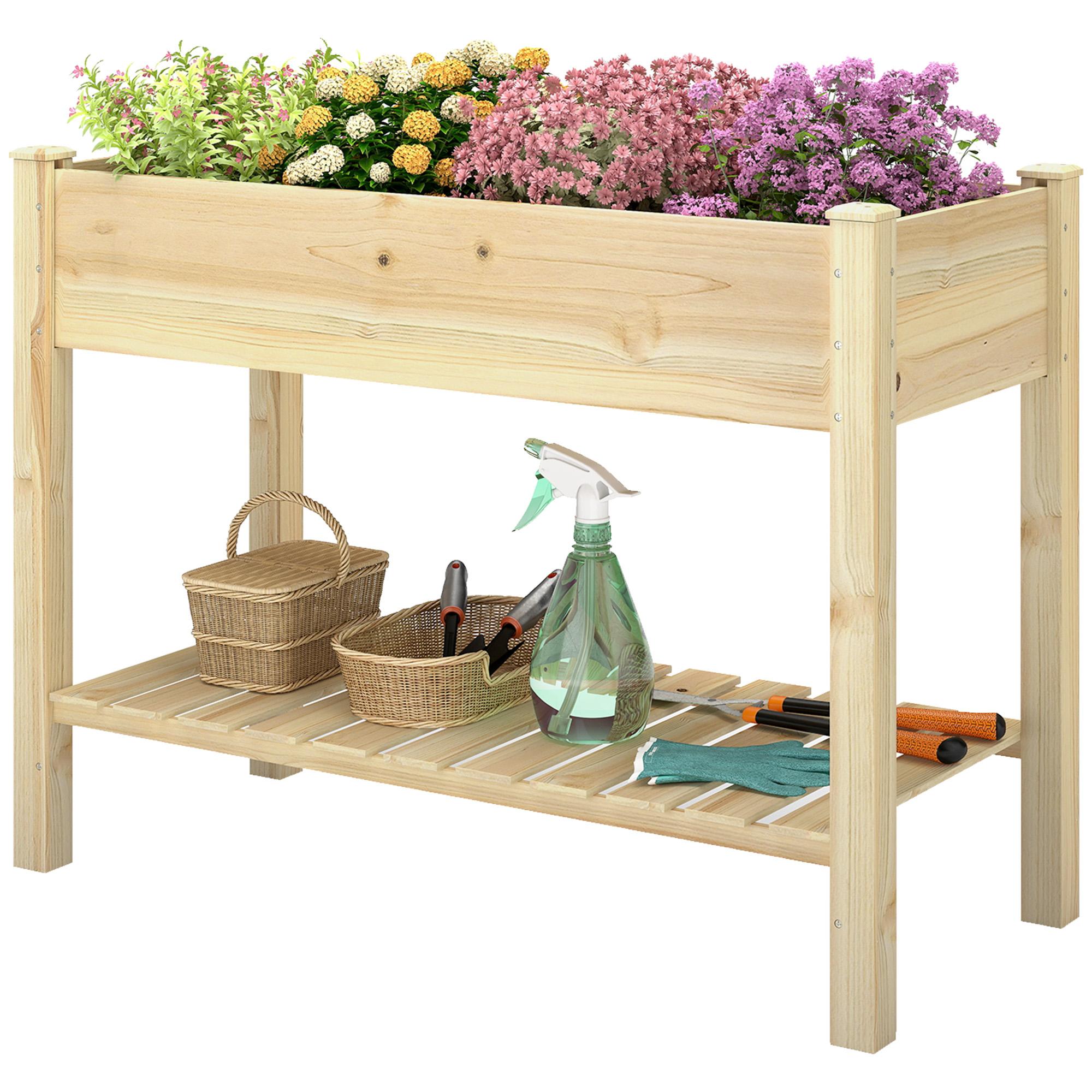 Natural Wood Planter Shelf with Raised Bed for Small Spaces