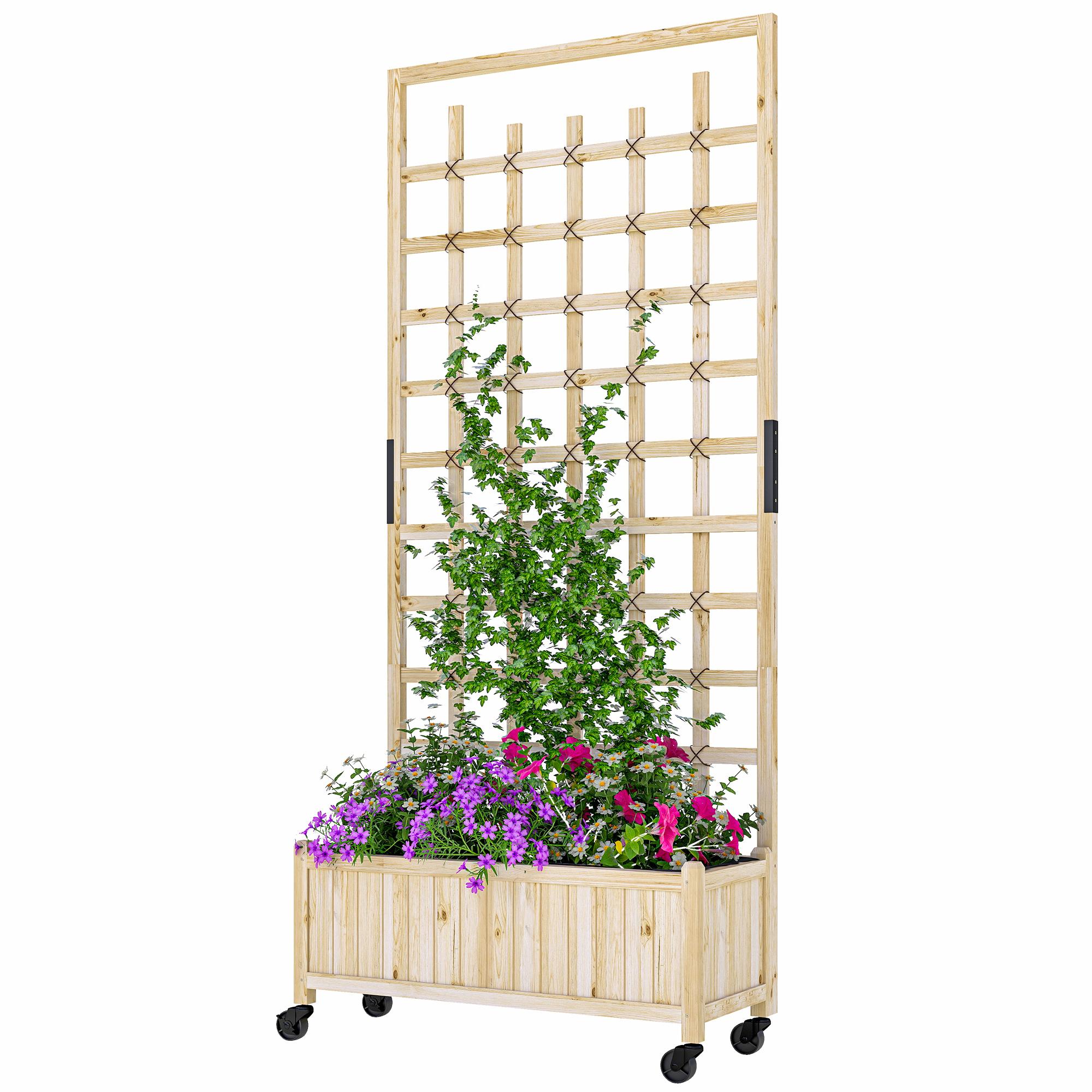 Natural Wood Wheeled Trellis Bed with Drainage Holes