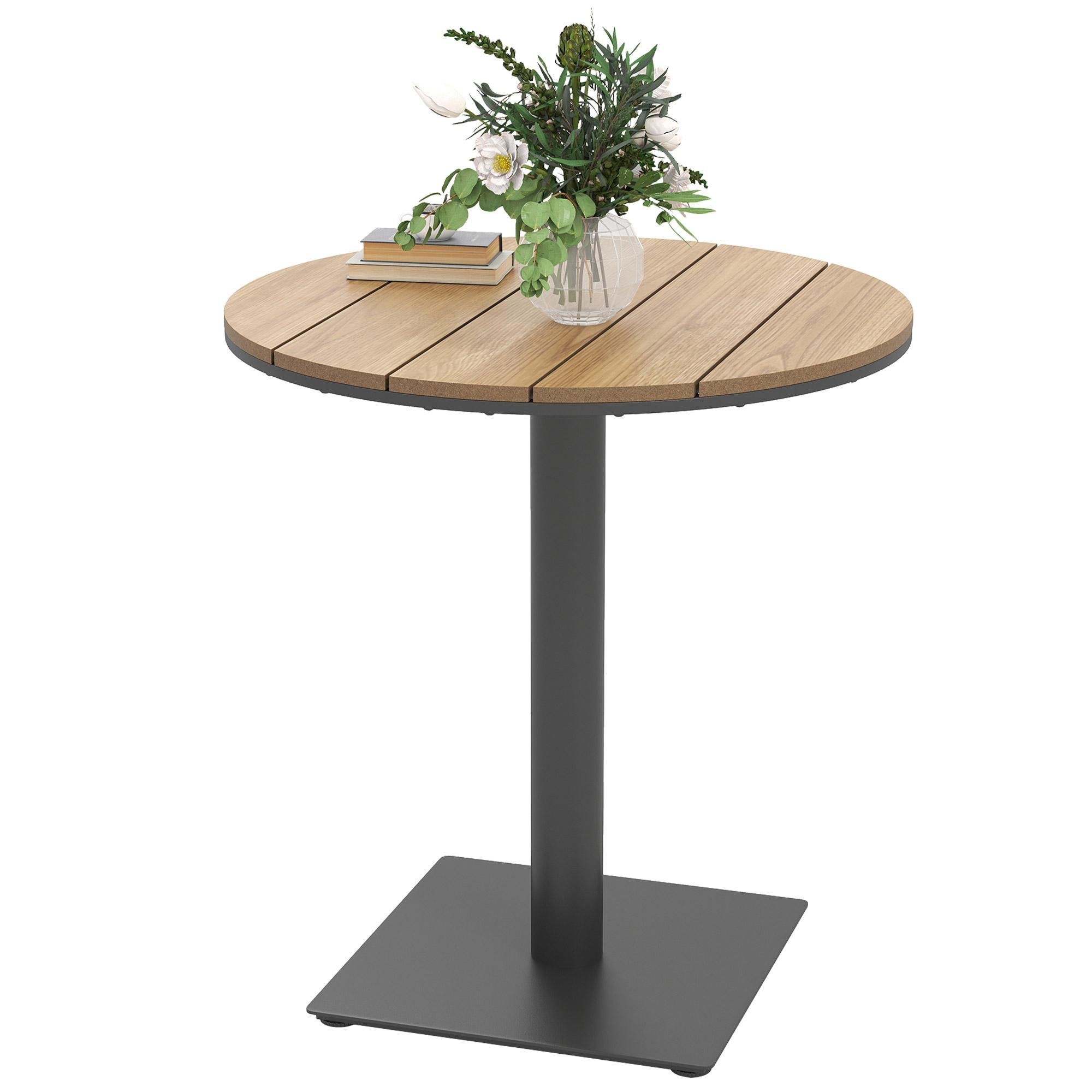 natural wood round patio table with slatted top, 27.6 in