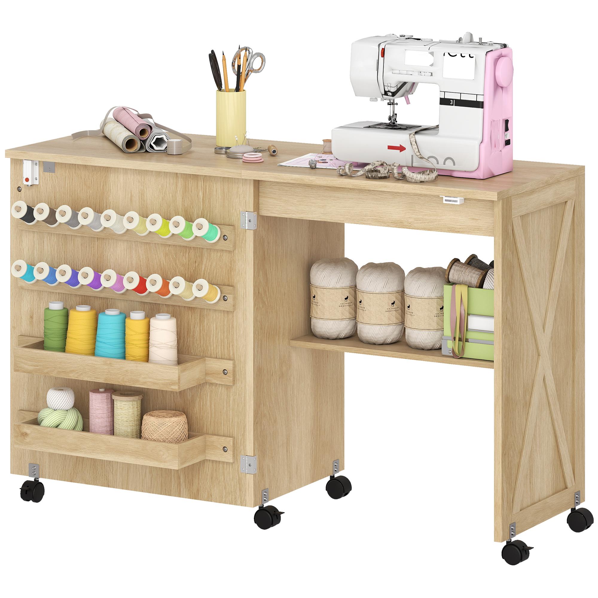 Natural Wood Sewing Table with Folding Storage