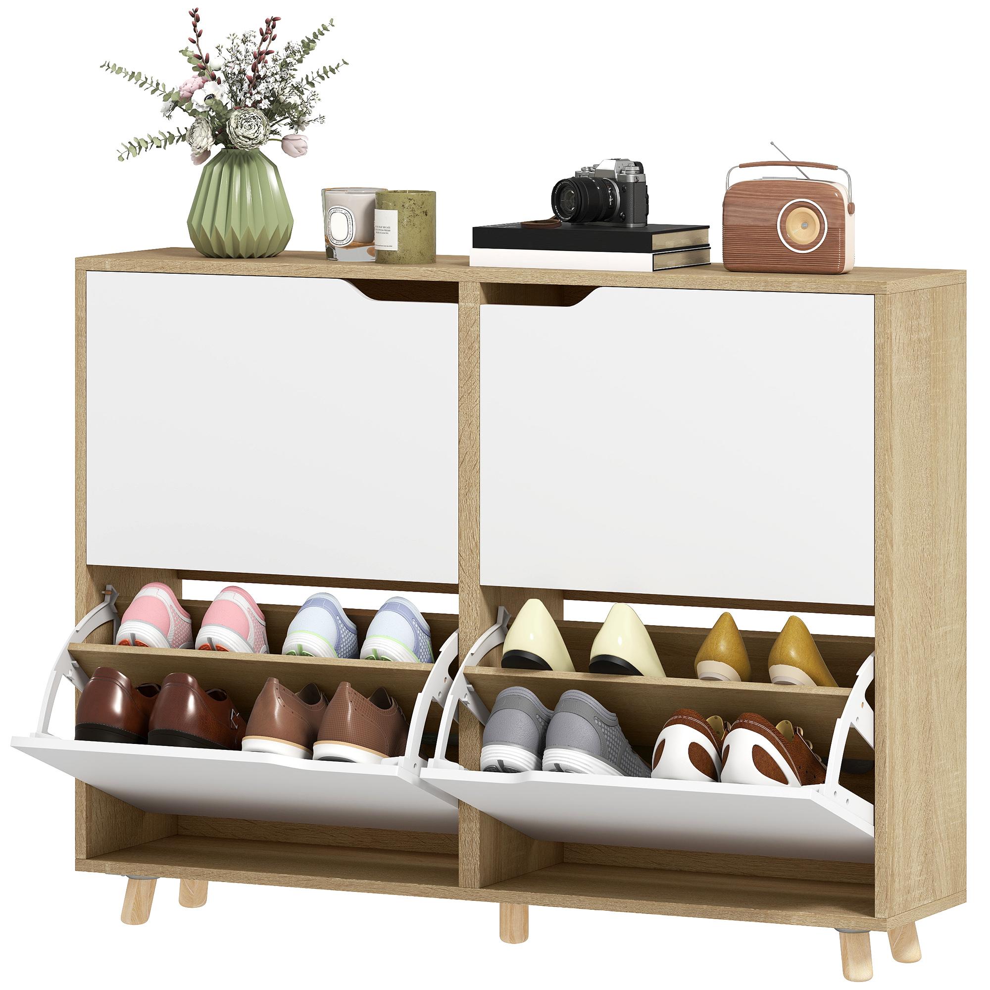 Natural Wood Flip Shoe Cabinet with 4 Drawers for Entryways
