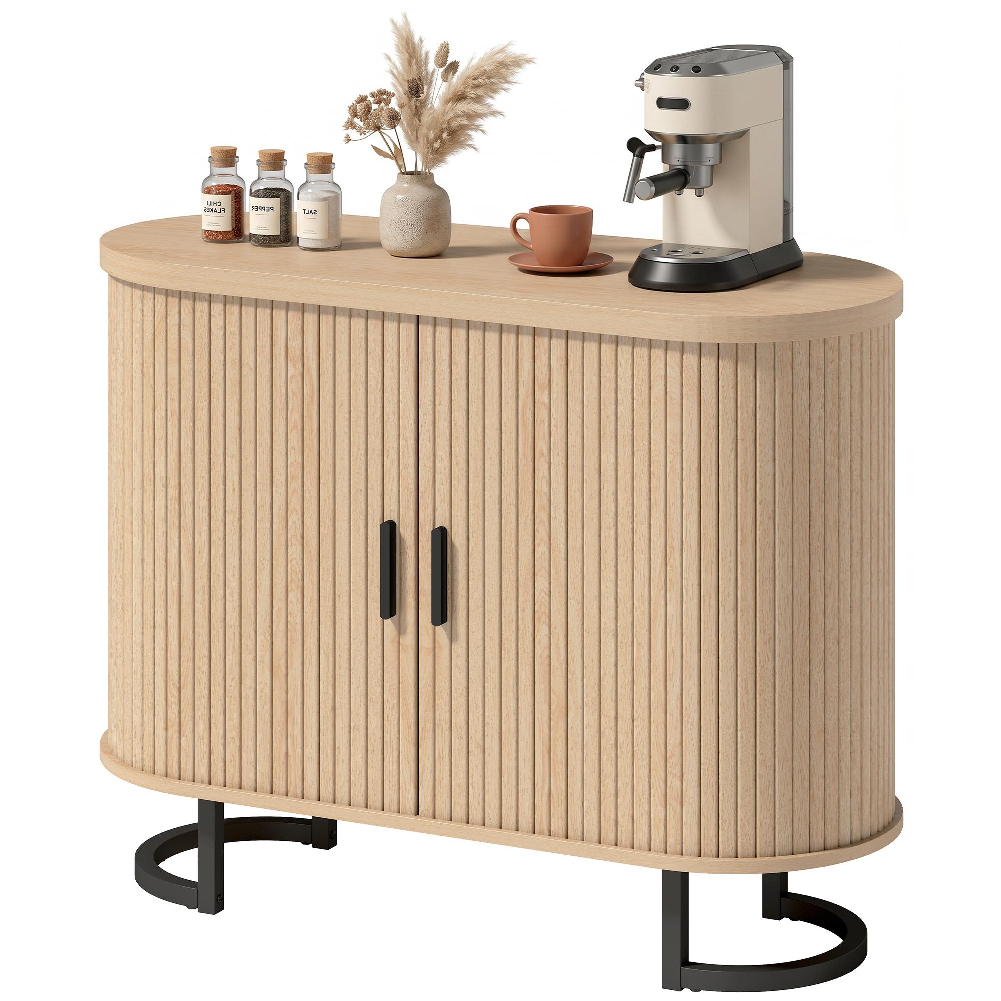 Natural Wood Curved Buffet Cabinet with Tambour Doors