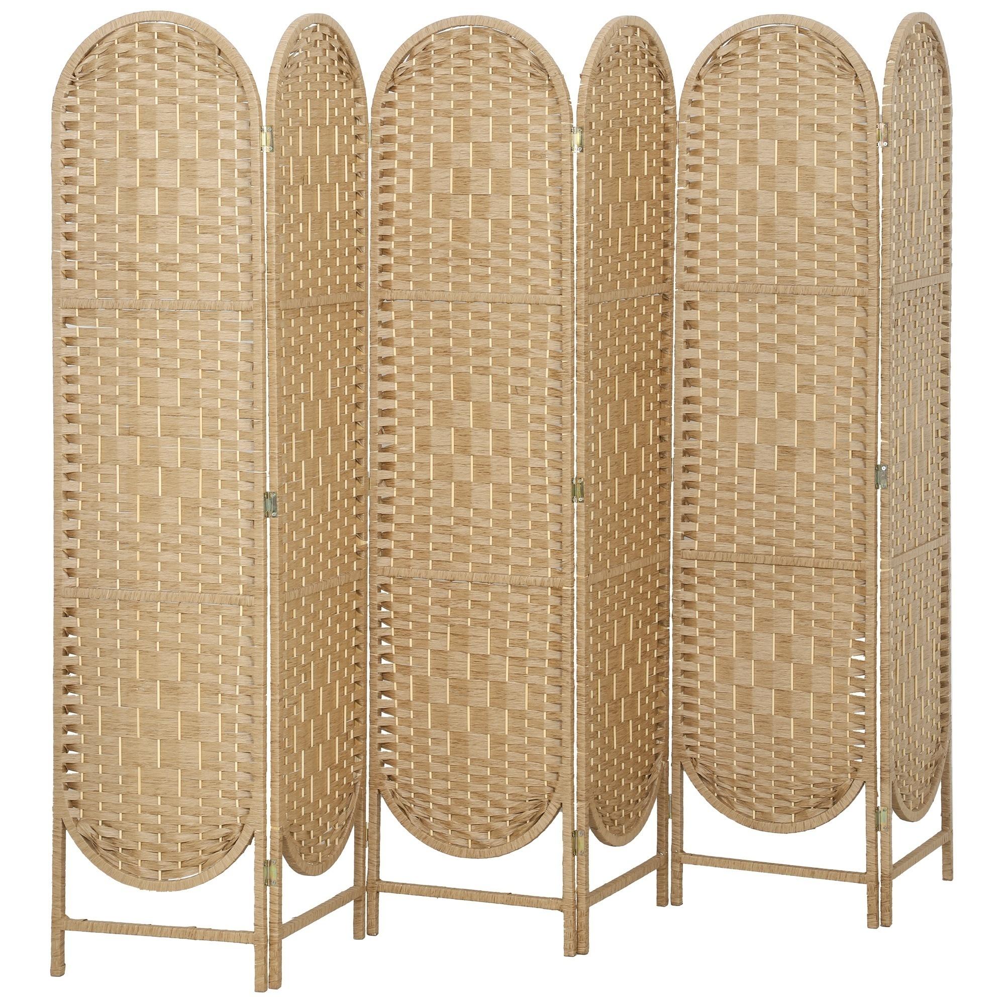 Natural Wood Six Panel Screen with Arched Woven Design