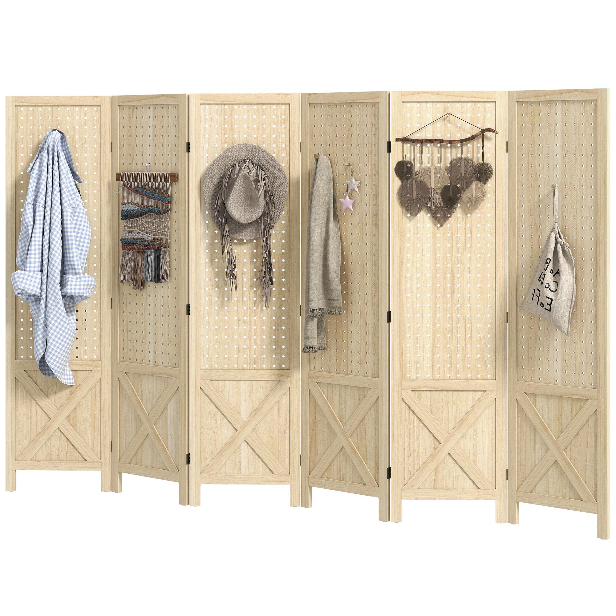 Natural Wood 6 Panel Divider with Pegboard Display