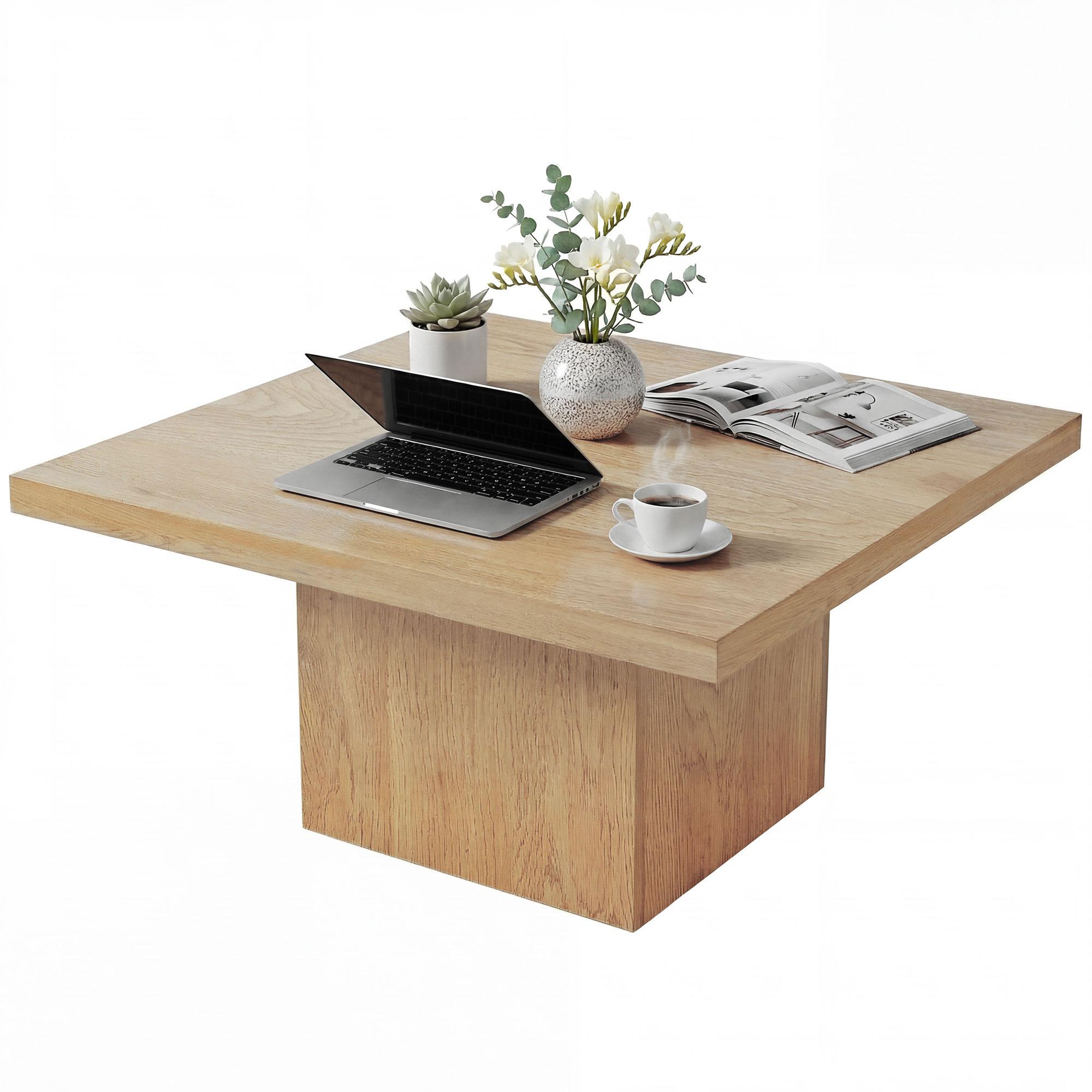Natural Wood Square Coffee Table with 1.6-Inch Top