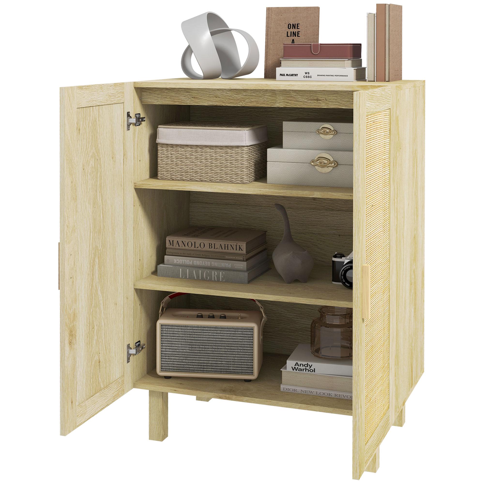 Natural Wood Rattan Buffet with Adjustable Shelves