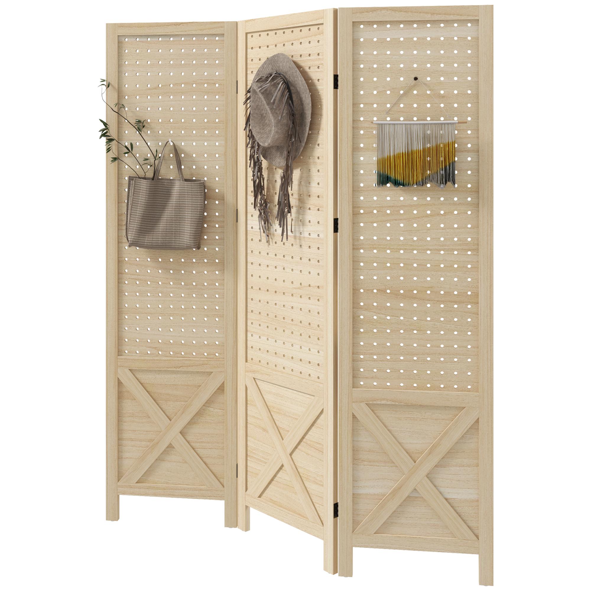 Natural 3 Panel Pegboard Divider with Flexible Folding Design