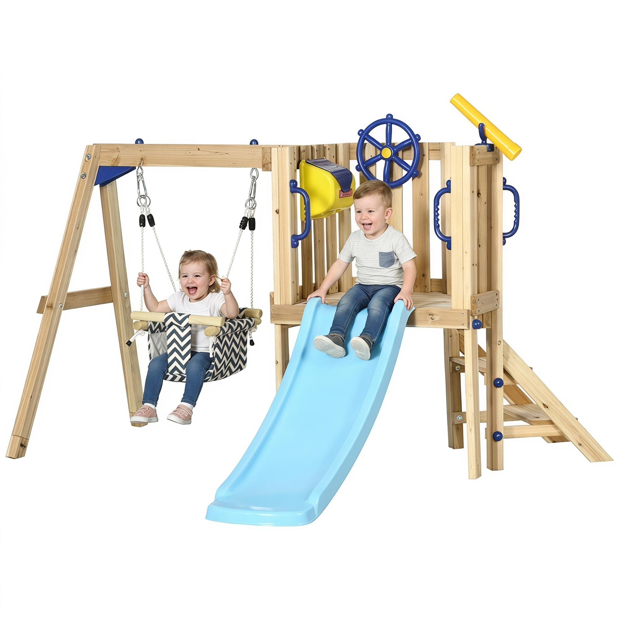Natural Wood Toddler Playset with Slide and Swing