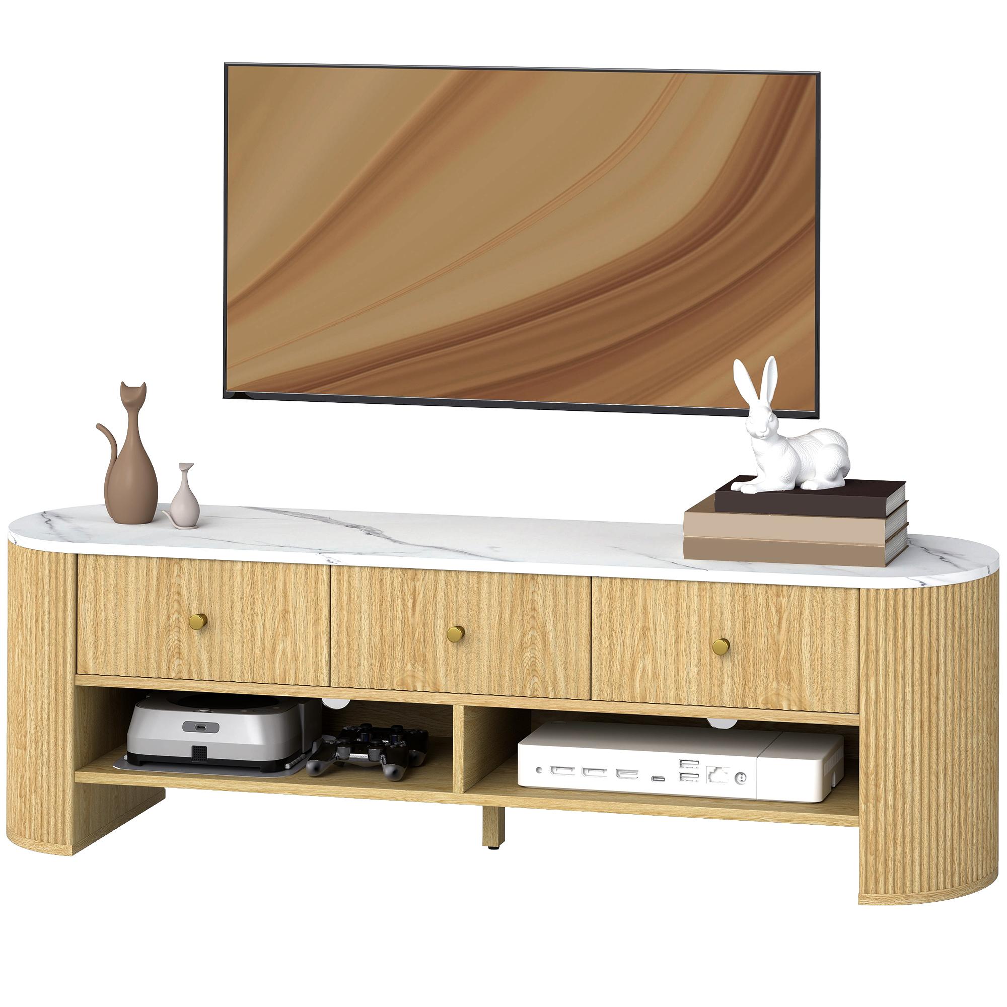 Natural Wood Storage TV Stand with Marble-Effect Top
