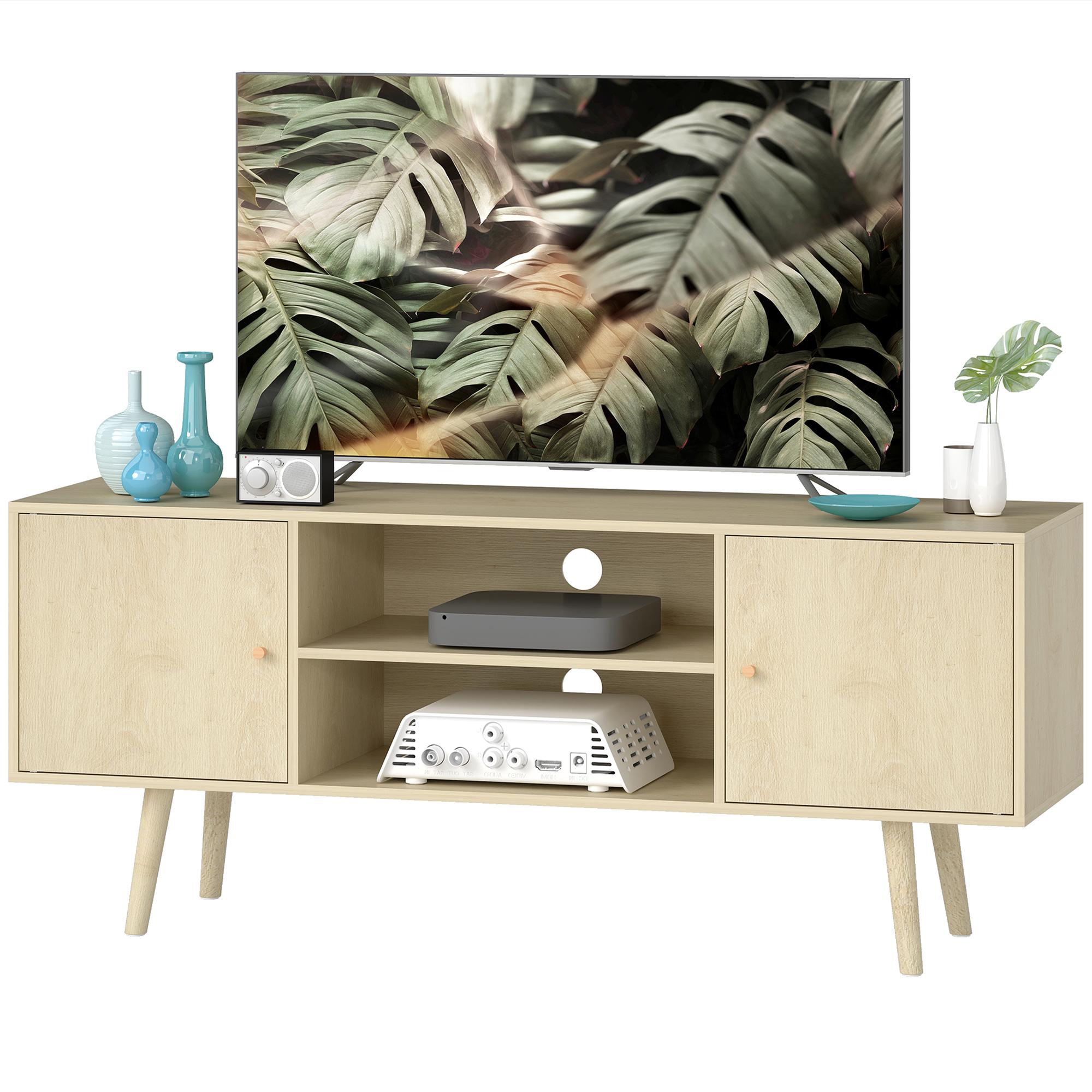 Natural Wood TV Stand with Storage for 55-Inch TVs