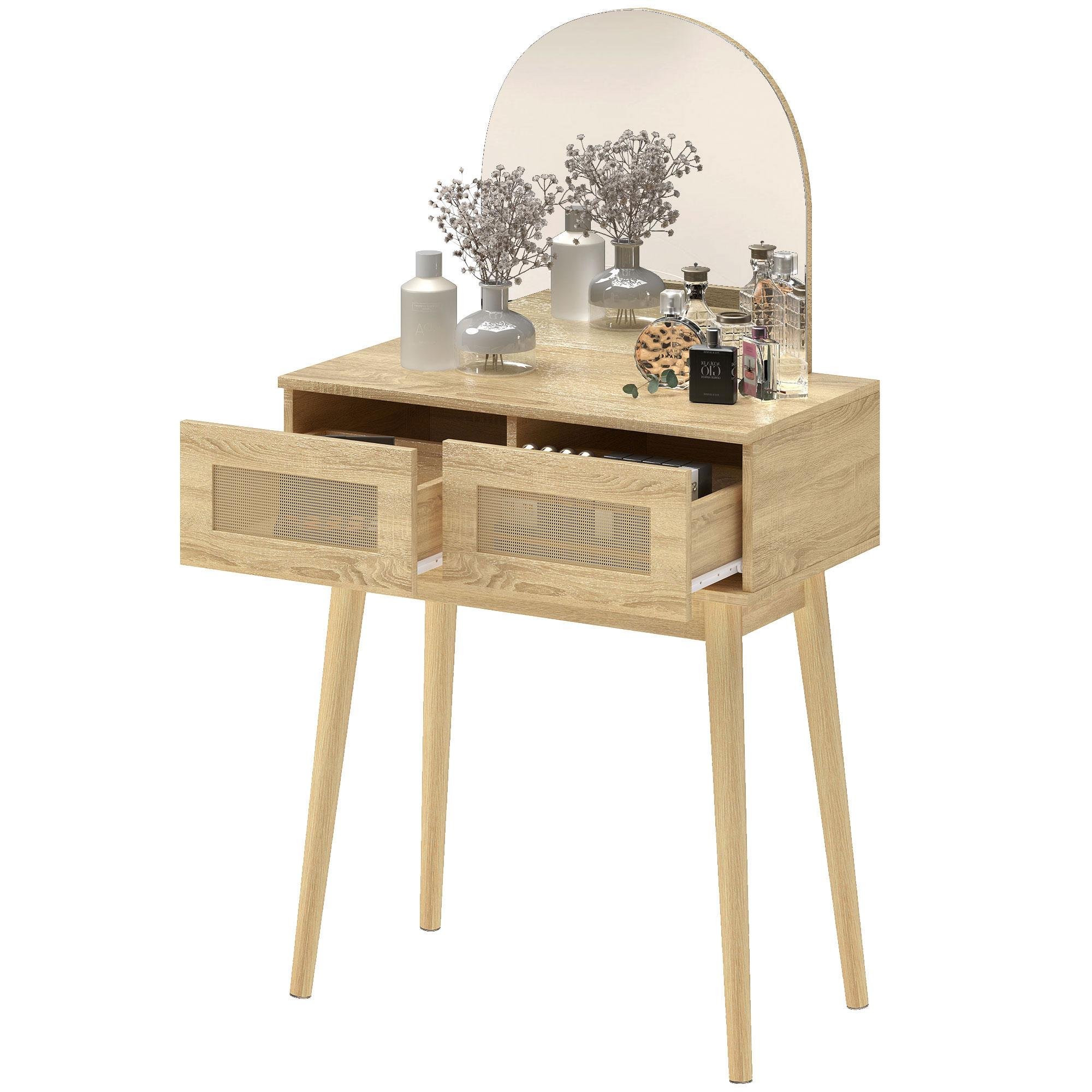 Natural Wood Vanity Desk with Arched Mirror for Bedrooms