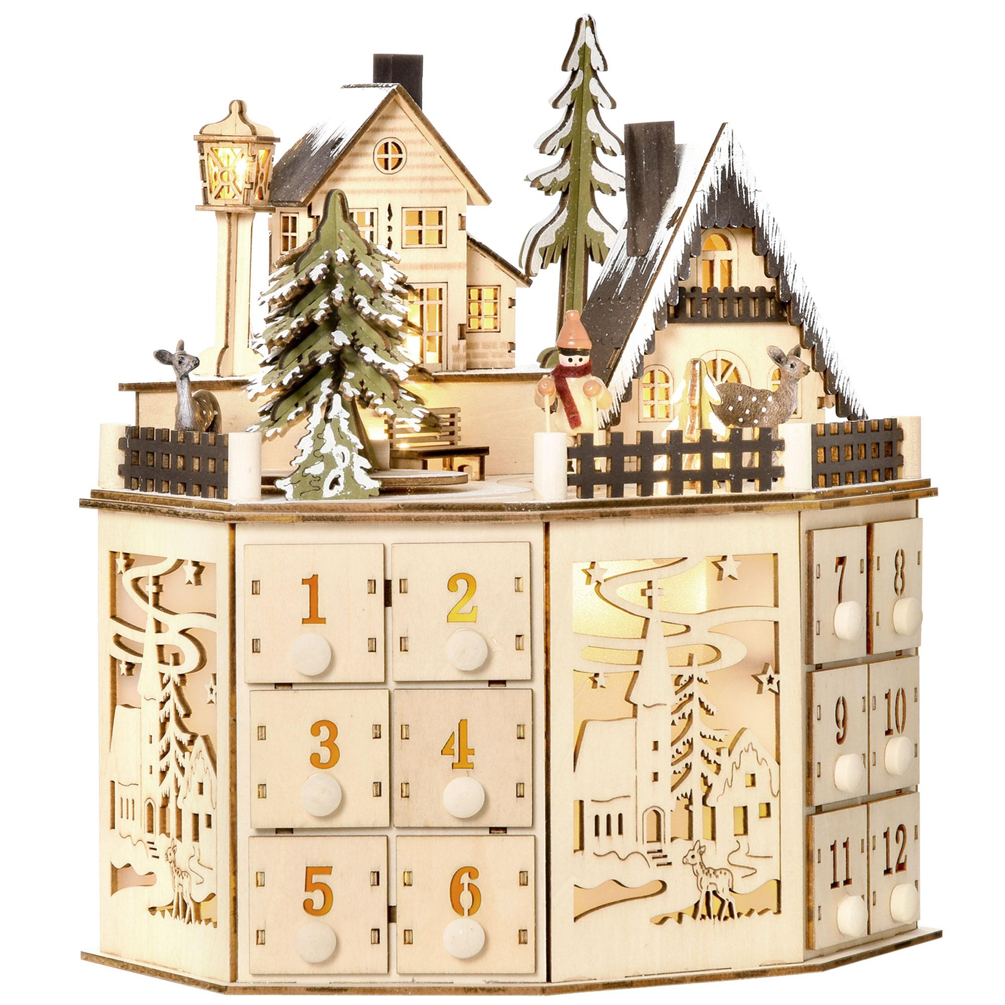 Natural Lighted Advent Calendar with 24 Drawers, 25 x 20 x 29 cm