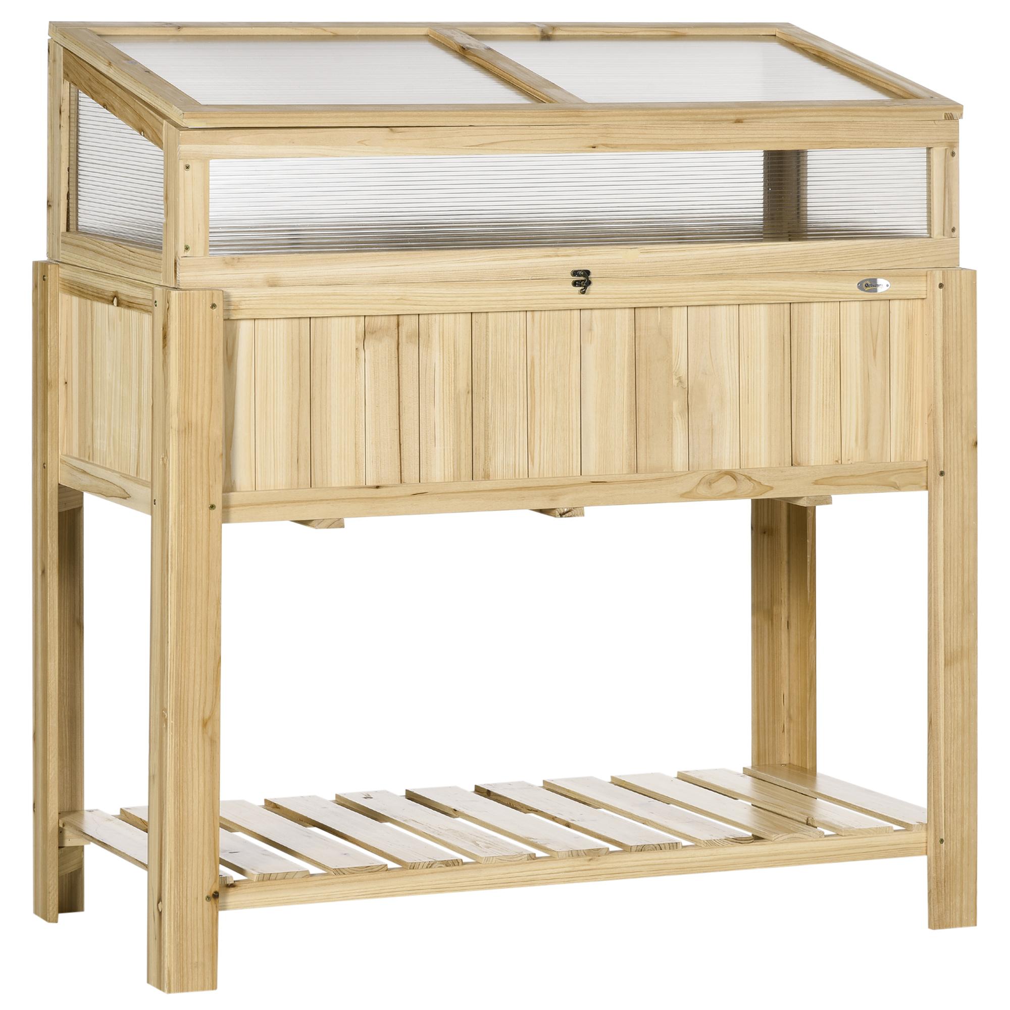 Natural Wooden Elevated Cold Frame with Storage Shelf