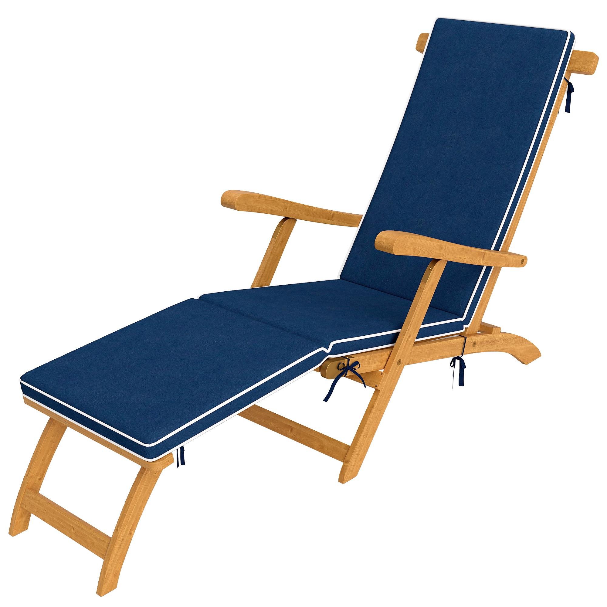Navy Blue Acacia Sun Lounger with Folding Footrest
