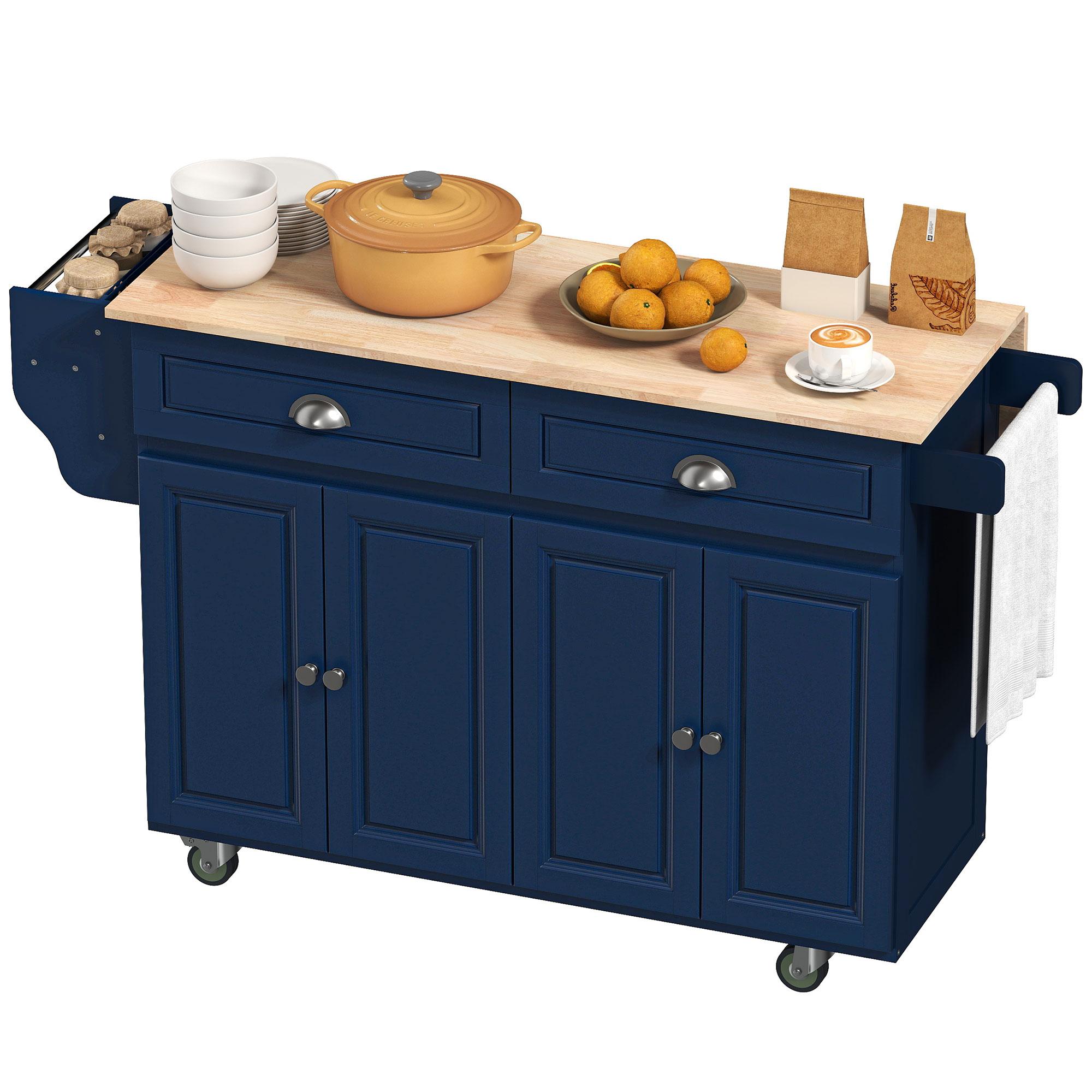 Navy Blue Rubberwood Island with Drop Leaf Top
