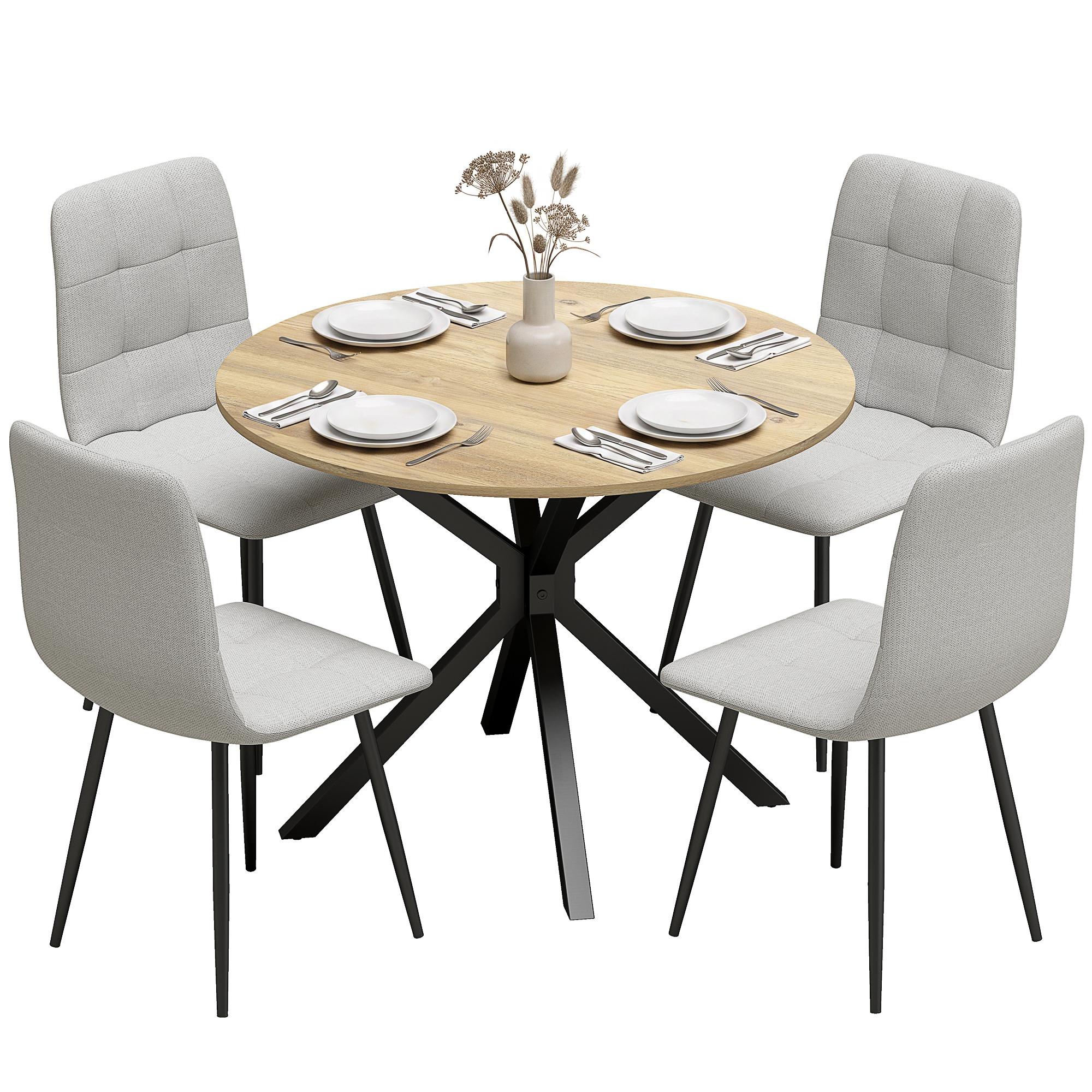 Oak Grey Round Dining Set with Velvet Chairs for Four
