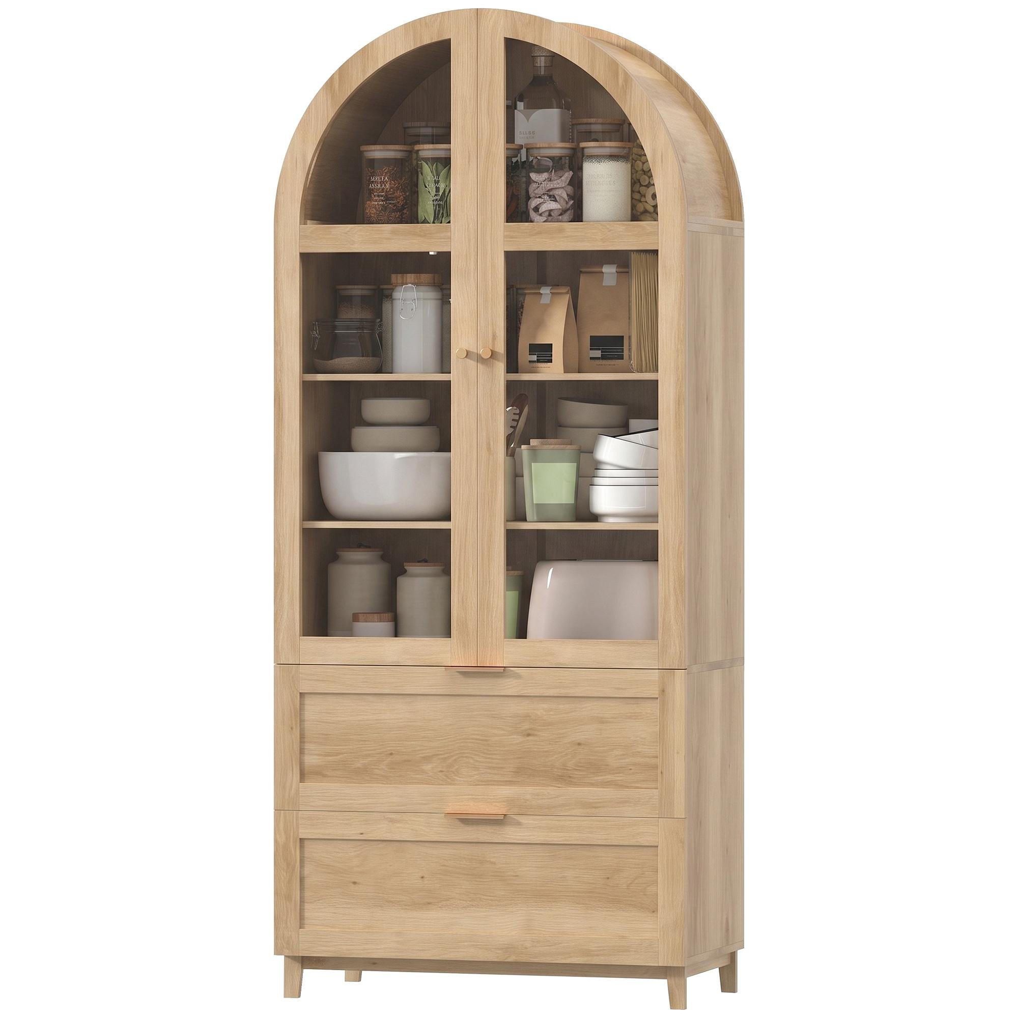 Oak Acrylic Pantry Cabinet with Arched Design, 70.9-Inch