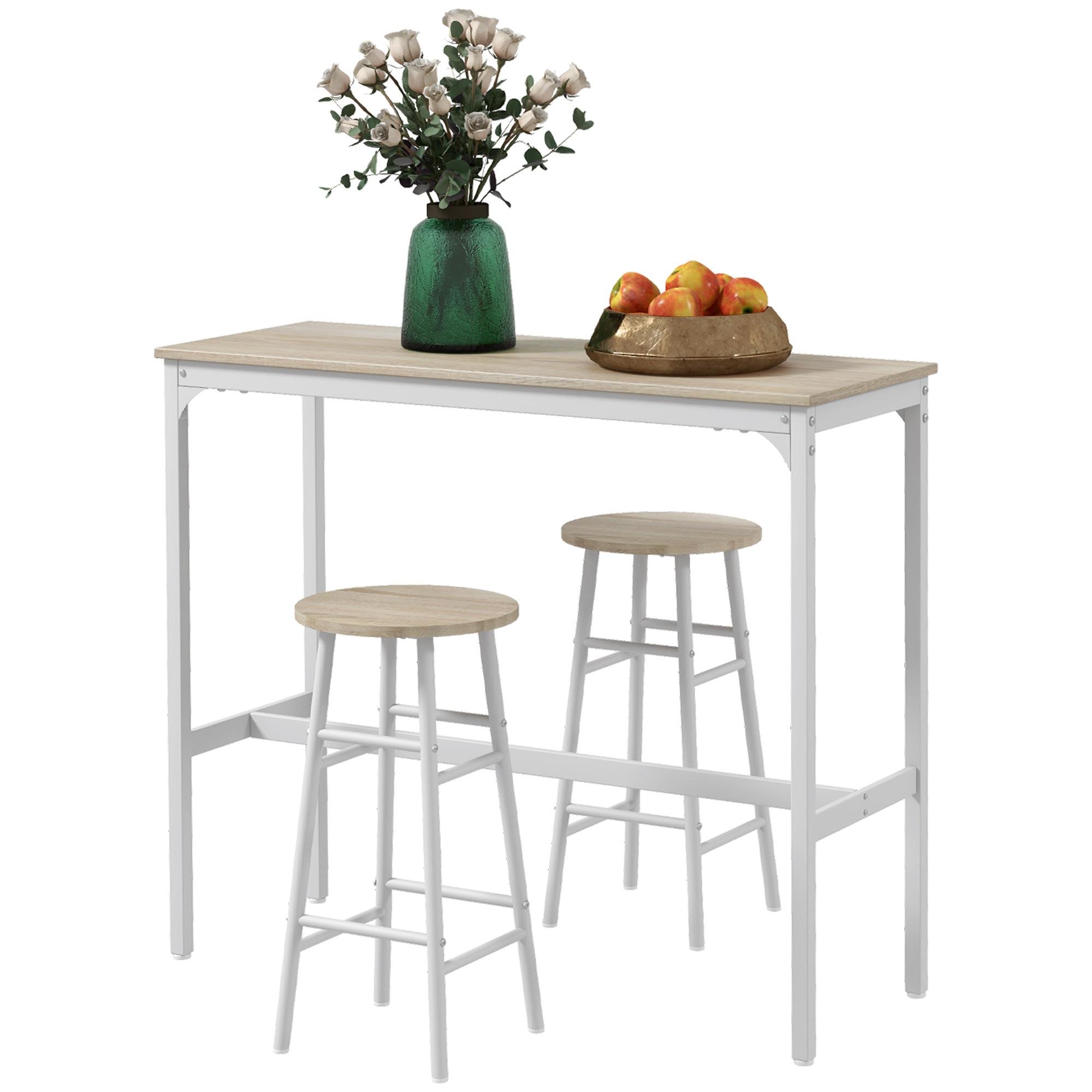 Oak Counter Bar Table Set with Two Stools