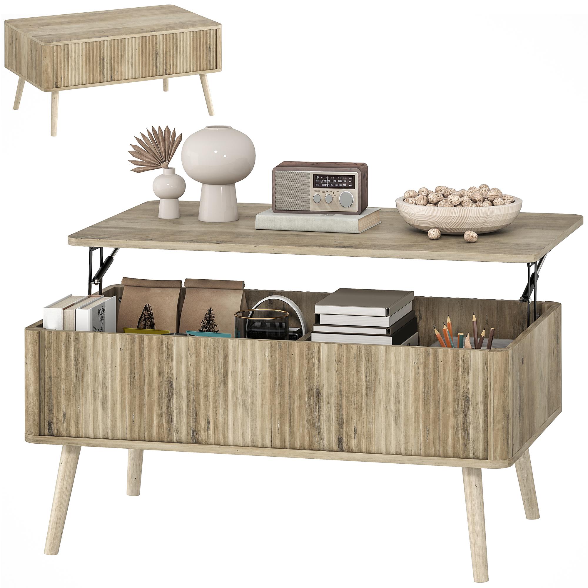 Oak Fluted Lift Table with Hidden Storage, 35.8-Inch Coffee Table