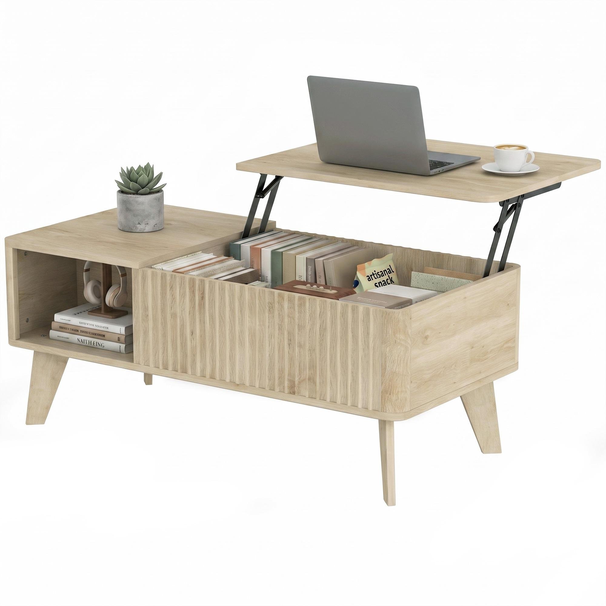 Oak fluted lift top table with hidden storage