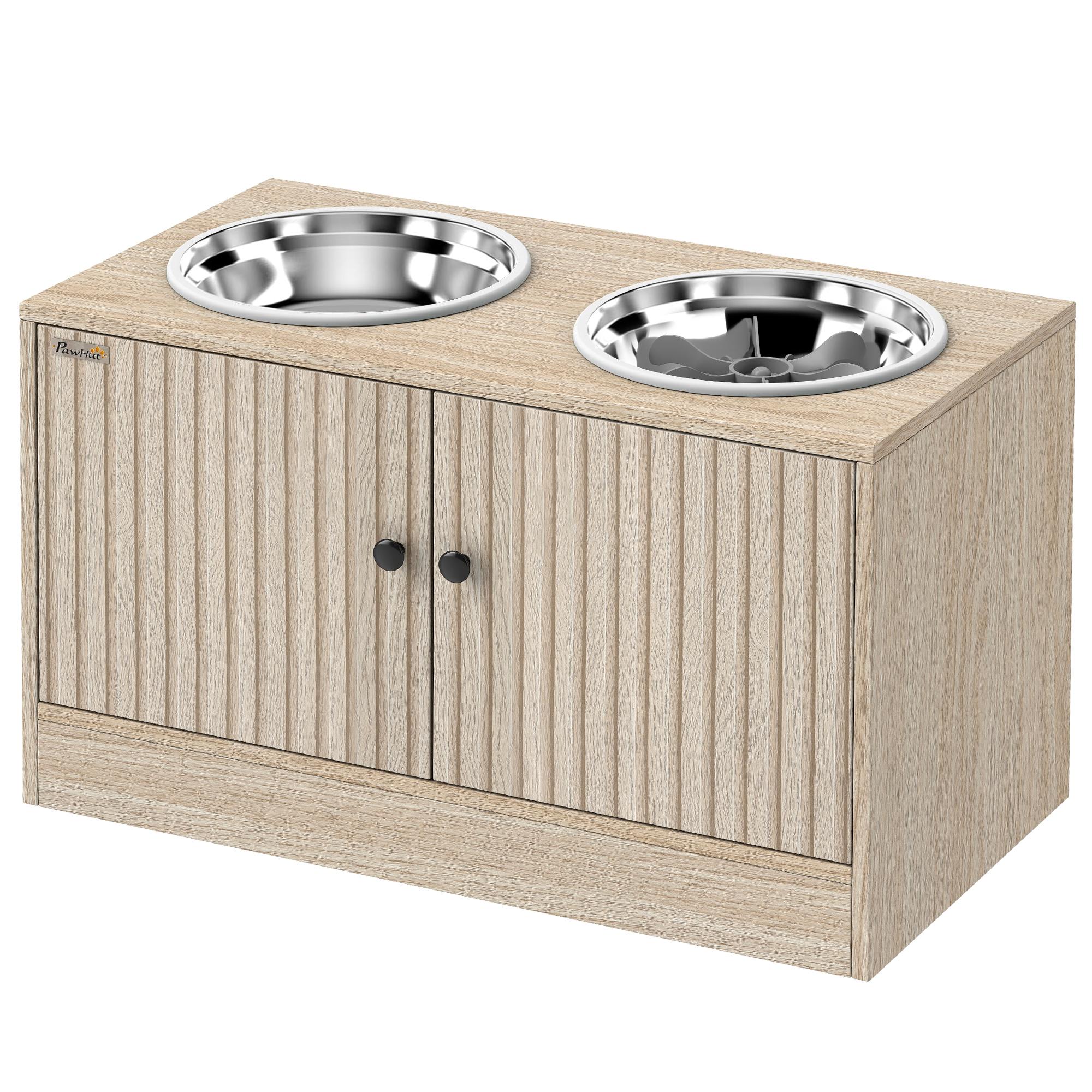 Oak Dog Feeder Cabinet with Slow Feeder for Large Dogs