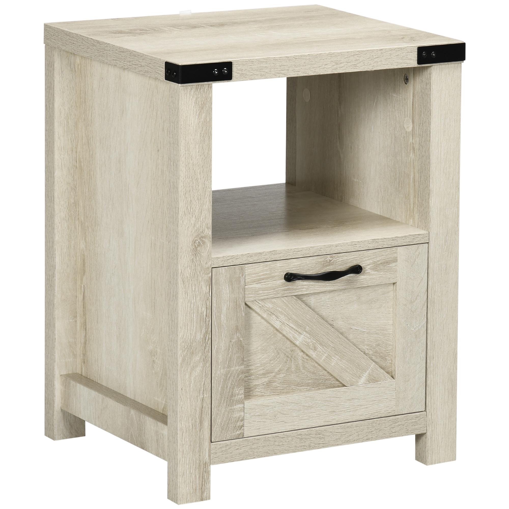 Oak Farmhouse Side Table with Drawer and Open Shelf