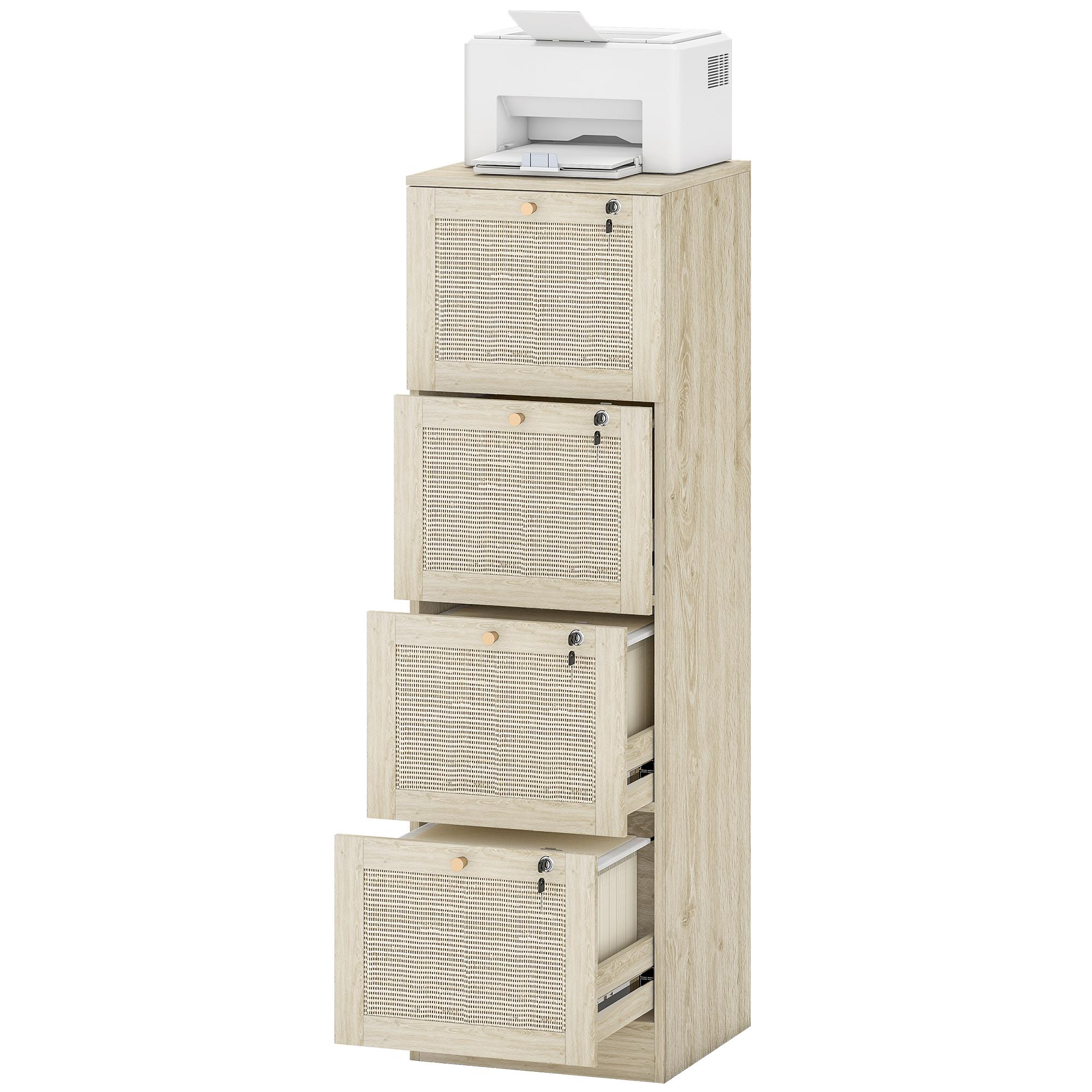 Oak Rattan Filing Cabinet, 4 Drawers for A4 and Letter Files