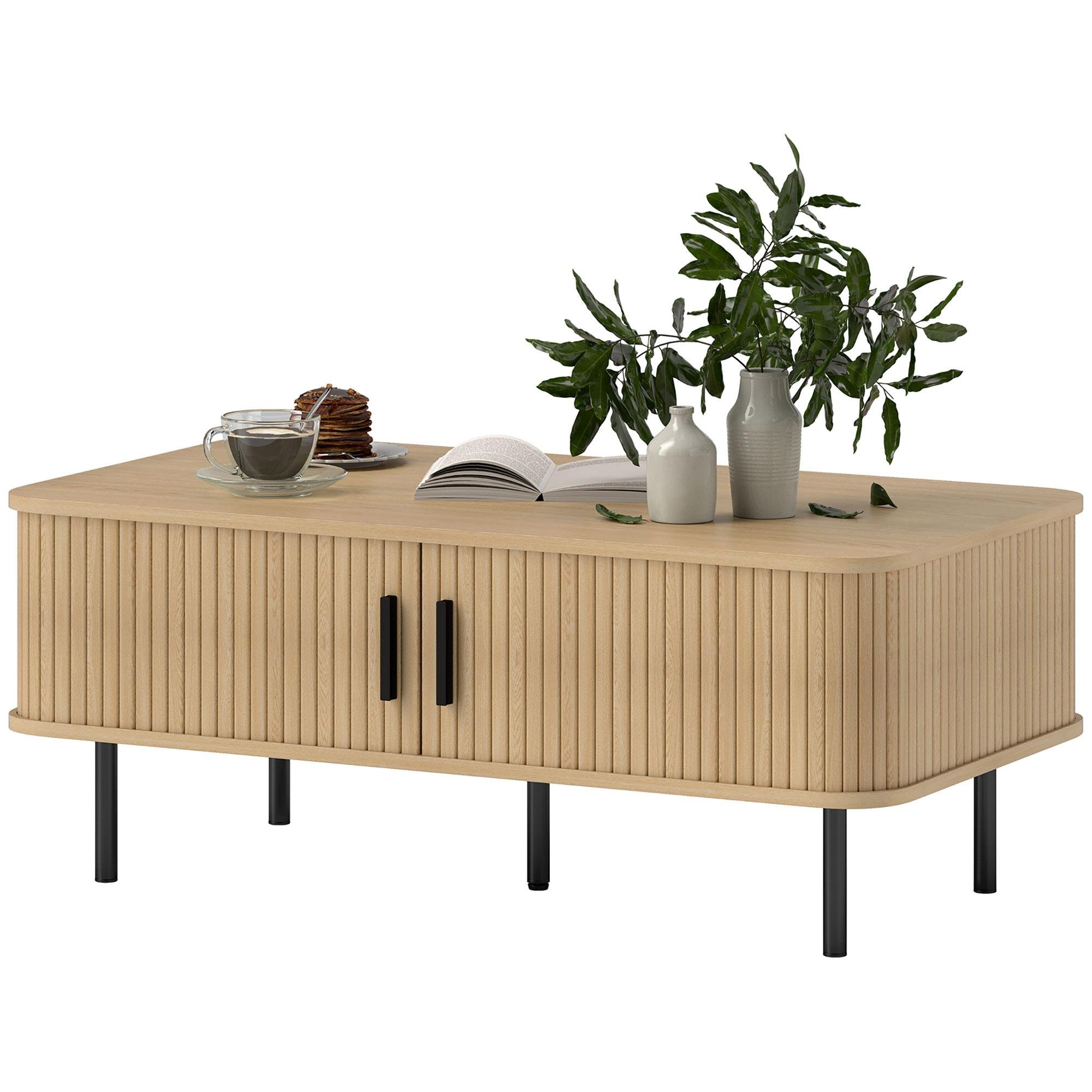 Oak Fluted Storage Coffee Table with Sliding Doors
