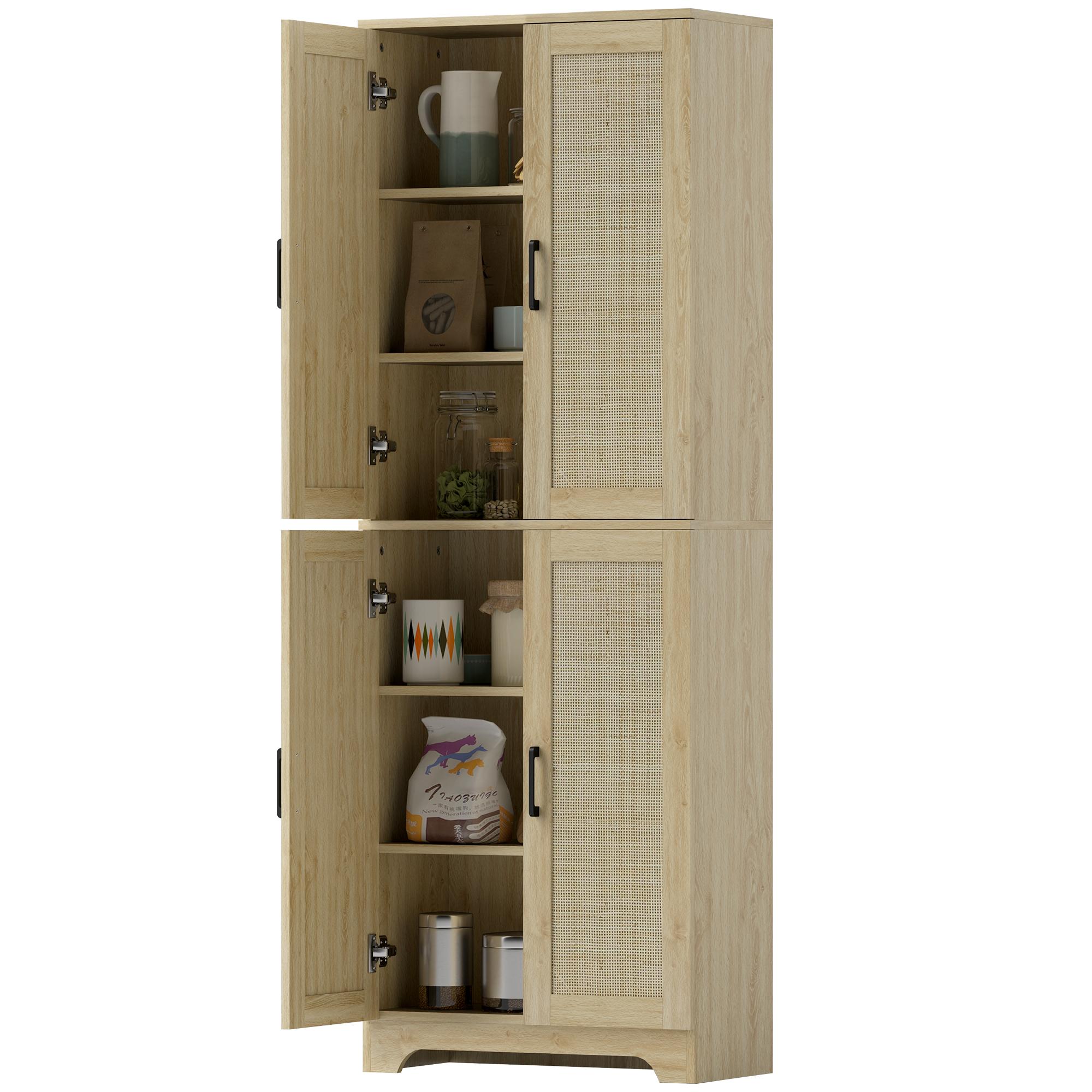 Oak Rattan Pantry Cabinet with 6-Tier Storage