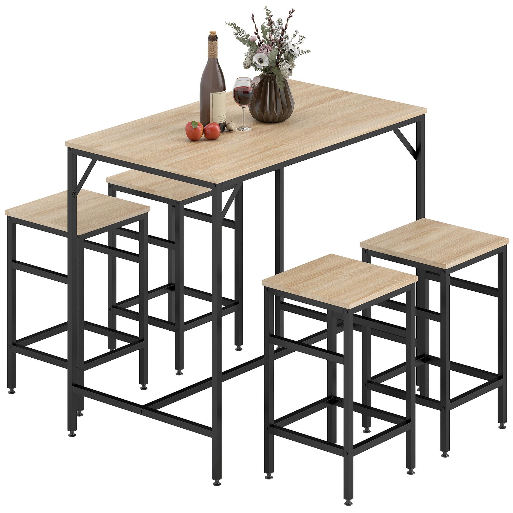 Oak 4 Stool Bar Set with Space-Saving Tuck-Under Seating