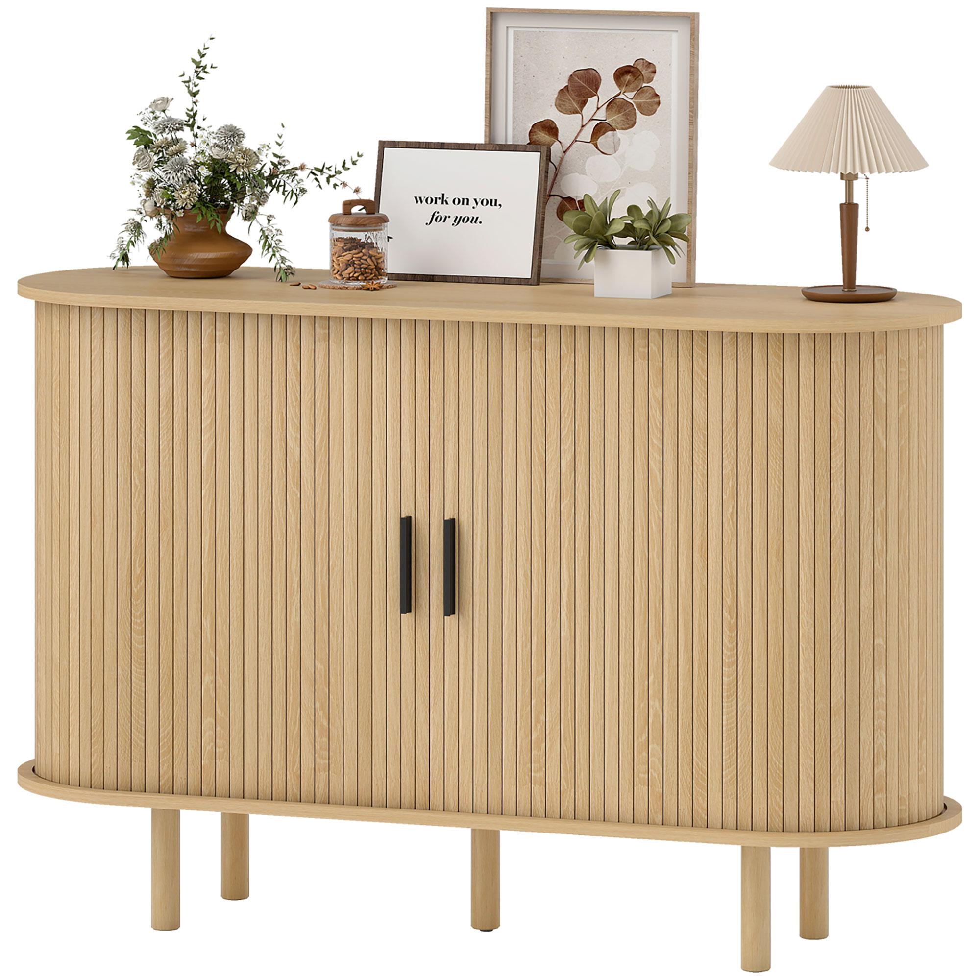 Oak Oval Storage Cabinet with Fluted Sliding Doors