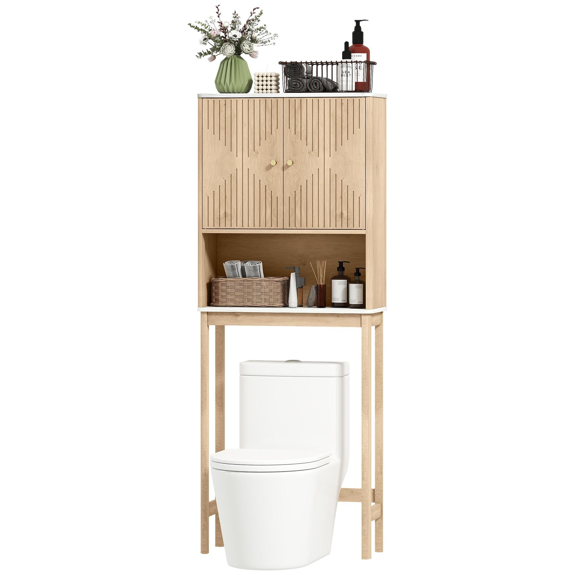 Oak Adjustable Toilet Shelf with Cabinet and Open Shelf