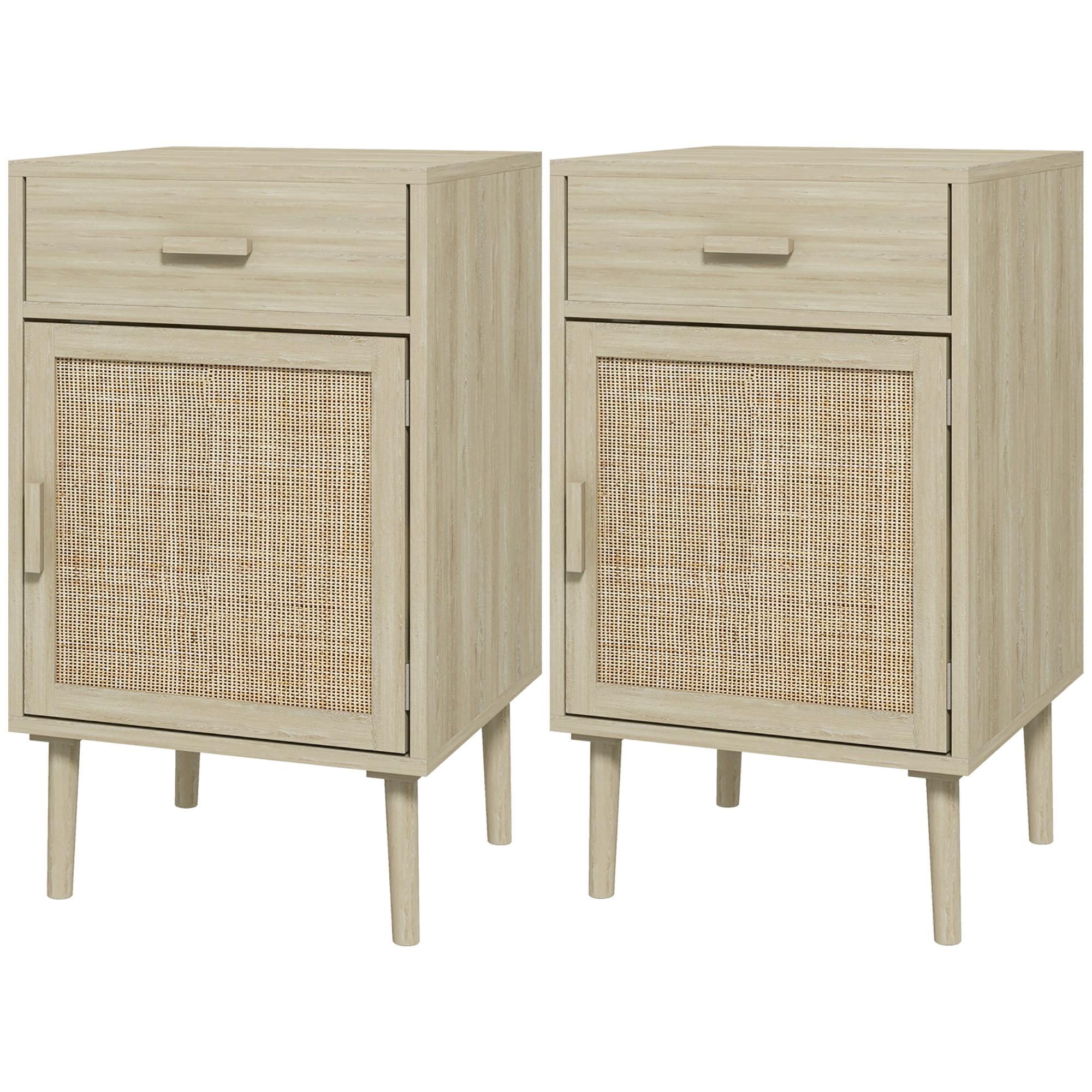 Oak Rattan Nightstand Pair with Drawer and Adjustable Shelf