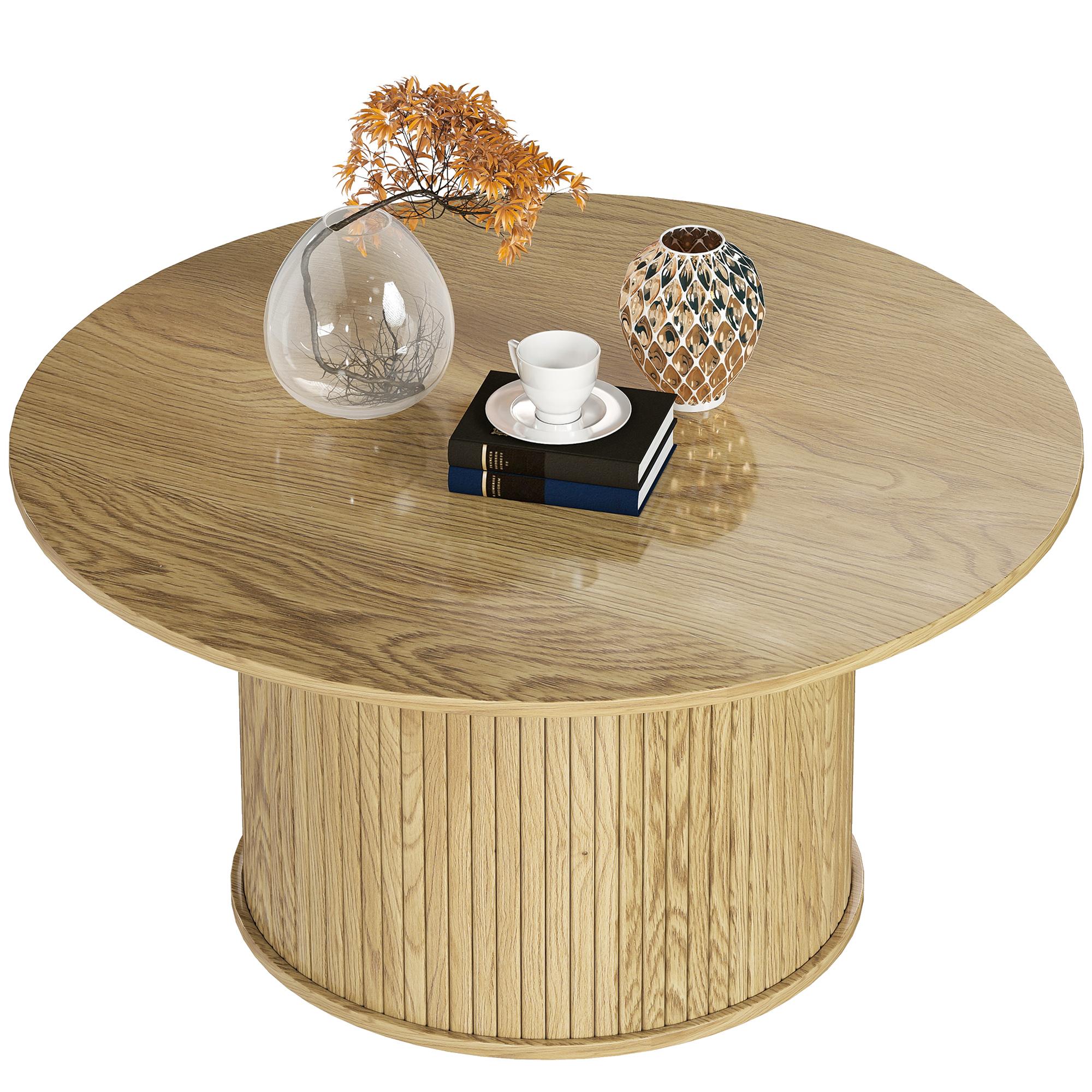 Oak Round Coffee Table with Fluted Base, 31.5-Inch
