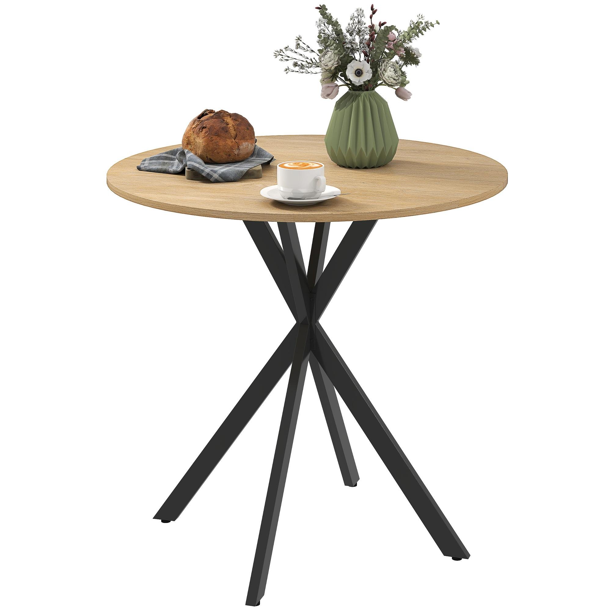 Oak Round Dining Table with Black Steel Legs, 31.5 in