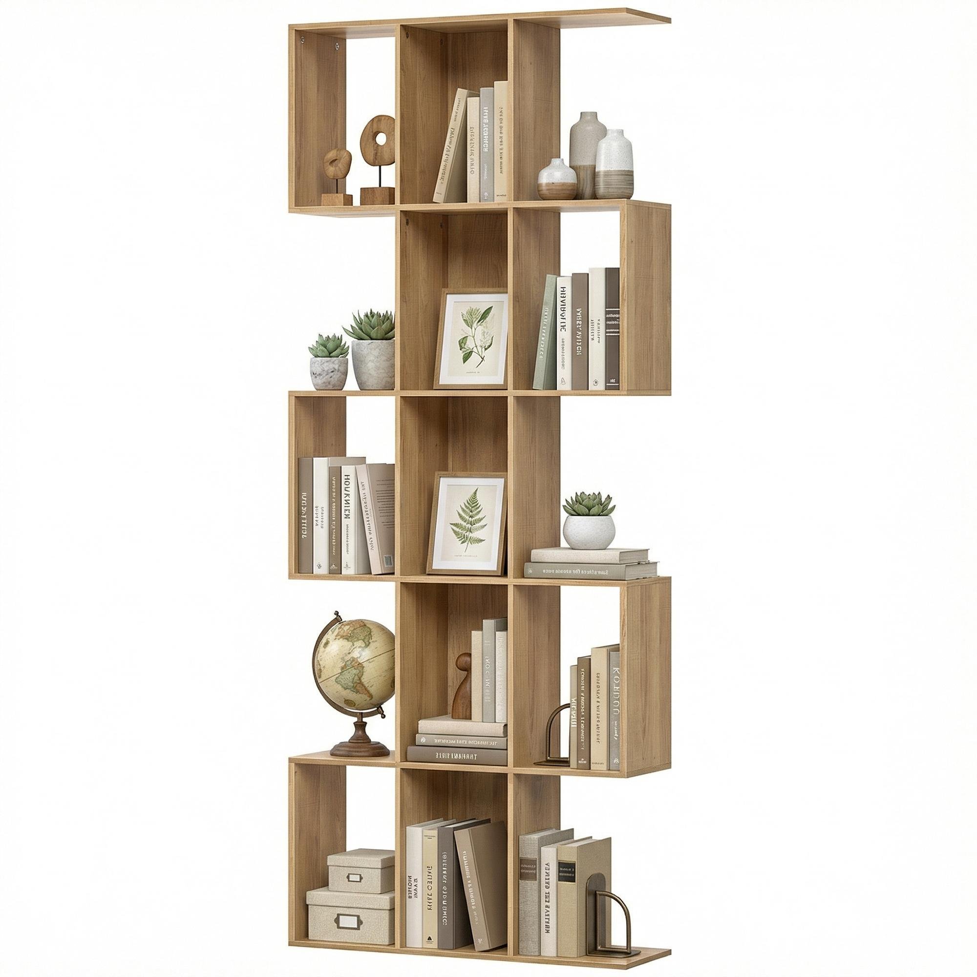 Oak 15 Compartment Bookshelf, S-Shaped 5-Tier Display