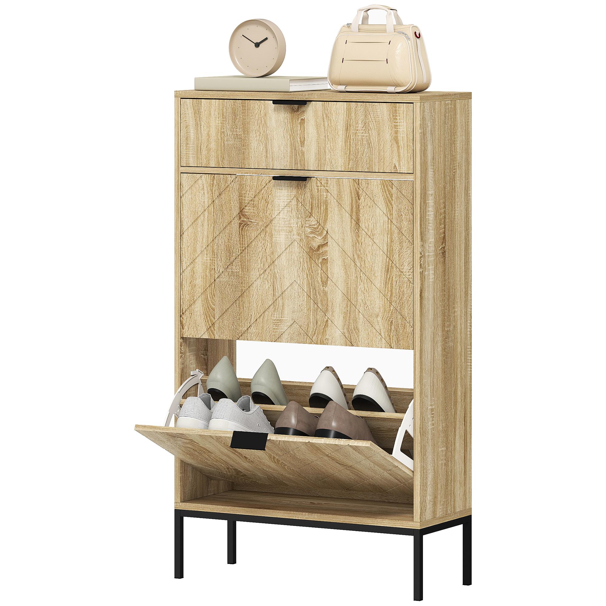 Oak Chevron Shoe Cabinet with Two Flip Drawers