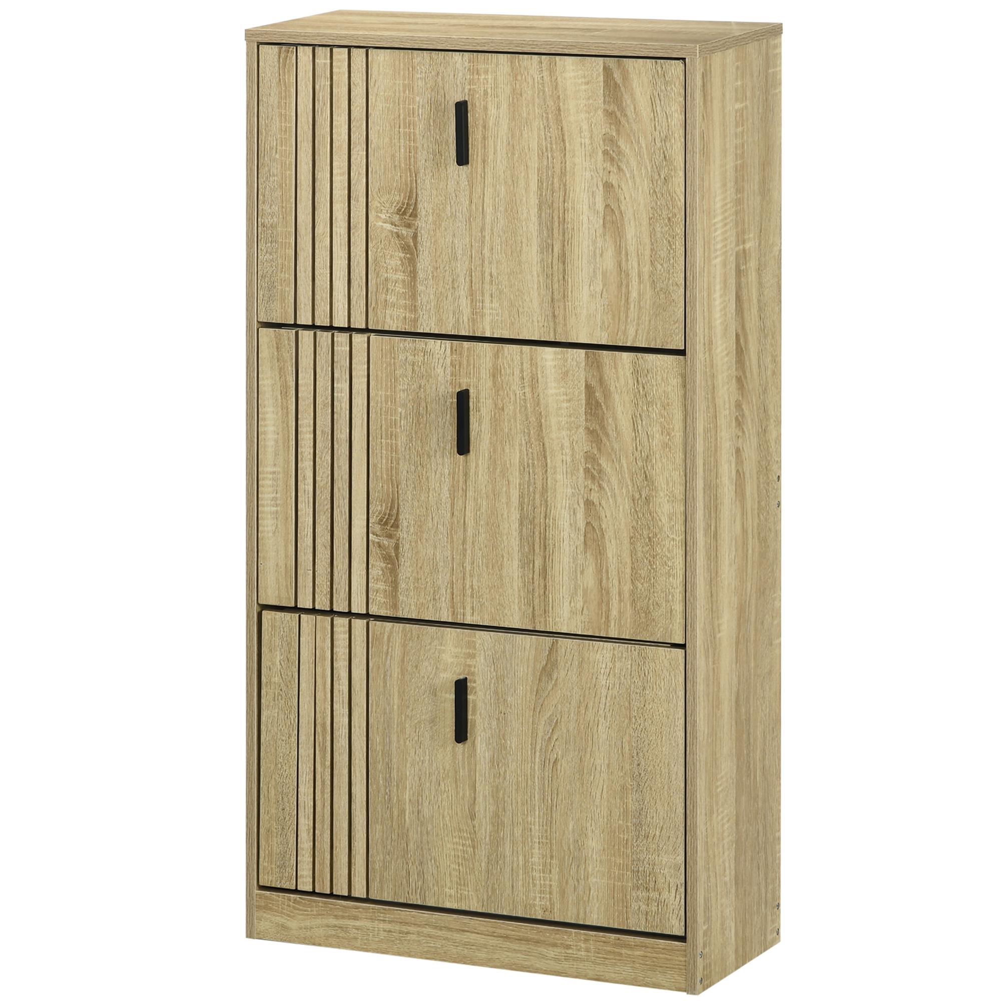 Oak 18 Pair Shoe Cabinet with 3 Flip Drawers