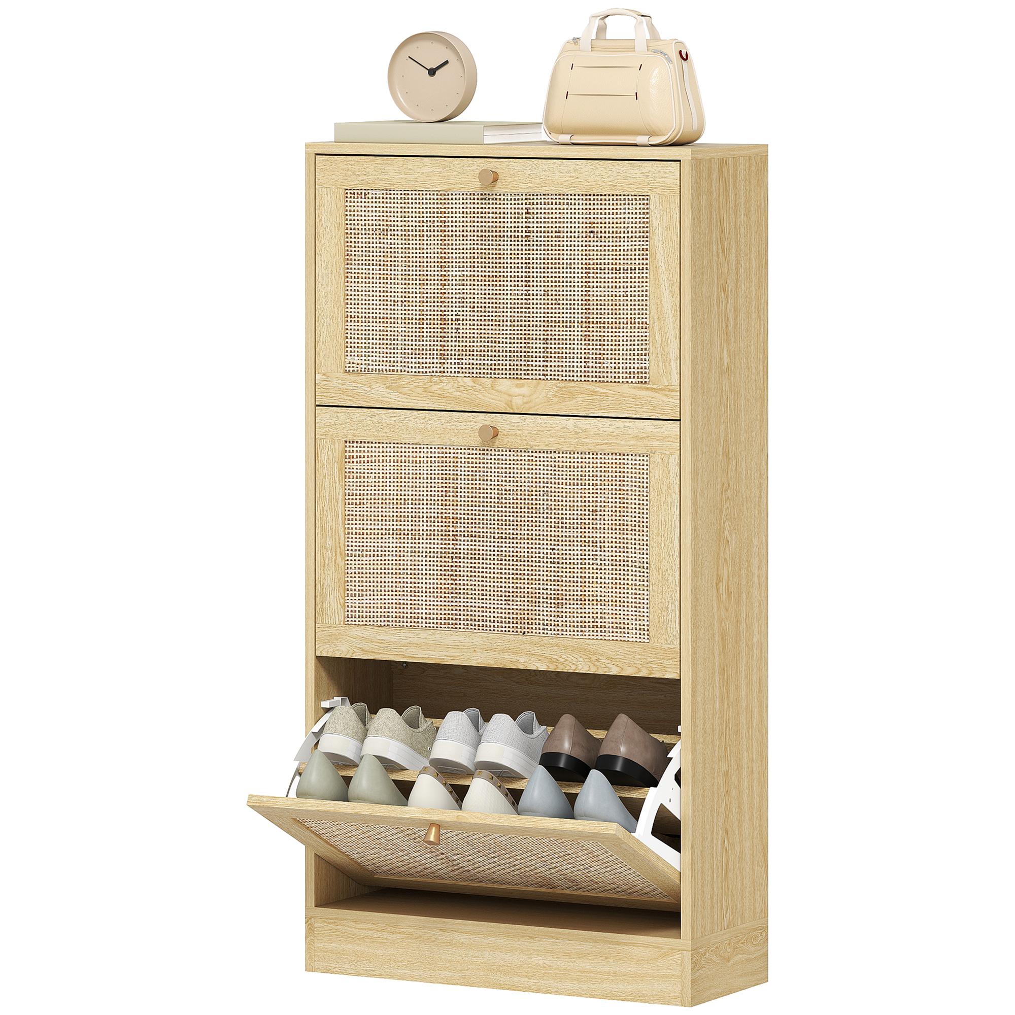 Oak Rattan Shoe Cabinet with 3 Flip Drawers for 18 Pairs
