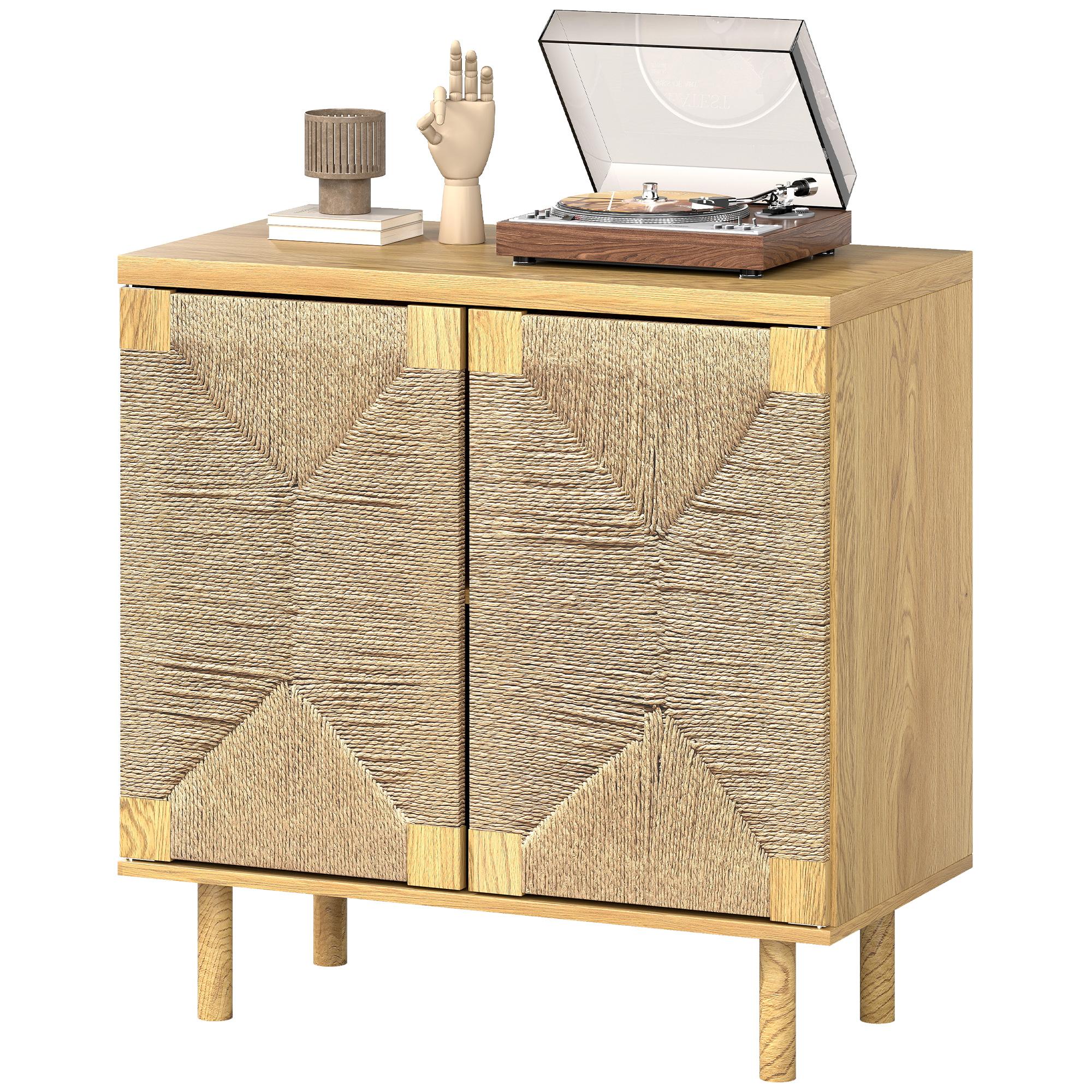 Oak Handwoven Rope Sideboard with Adjustable Shelf