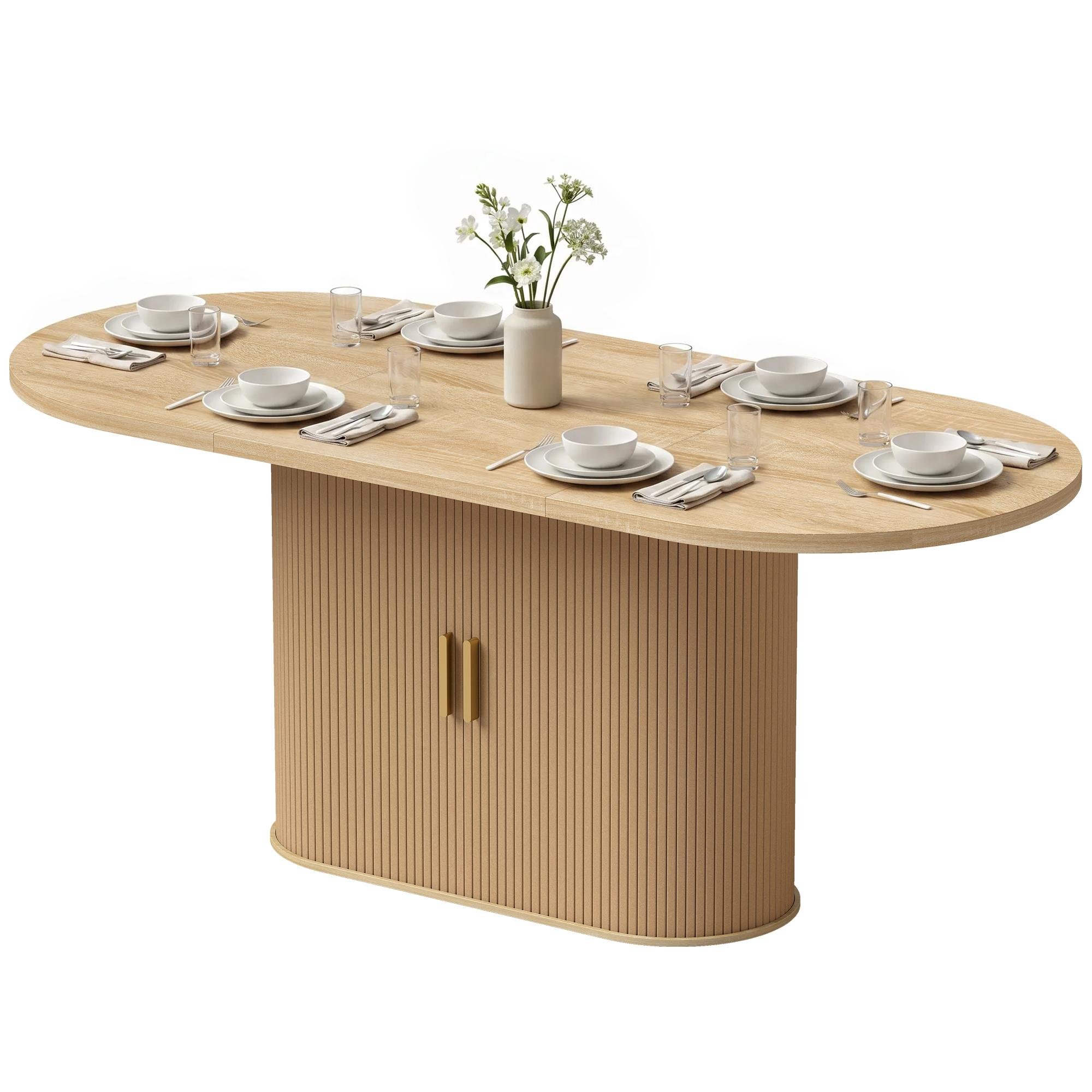 Oak Tambour Dining Table with Six-Compartment Storage