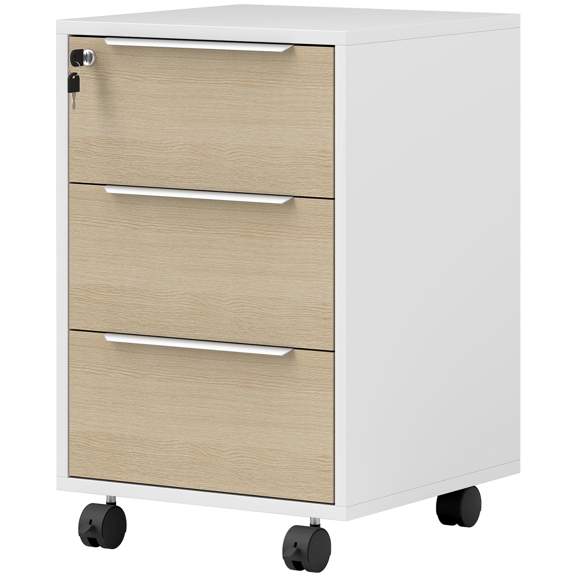 Oak 3 Drawer Filing Cabinet with Lock and Casters