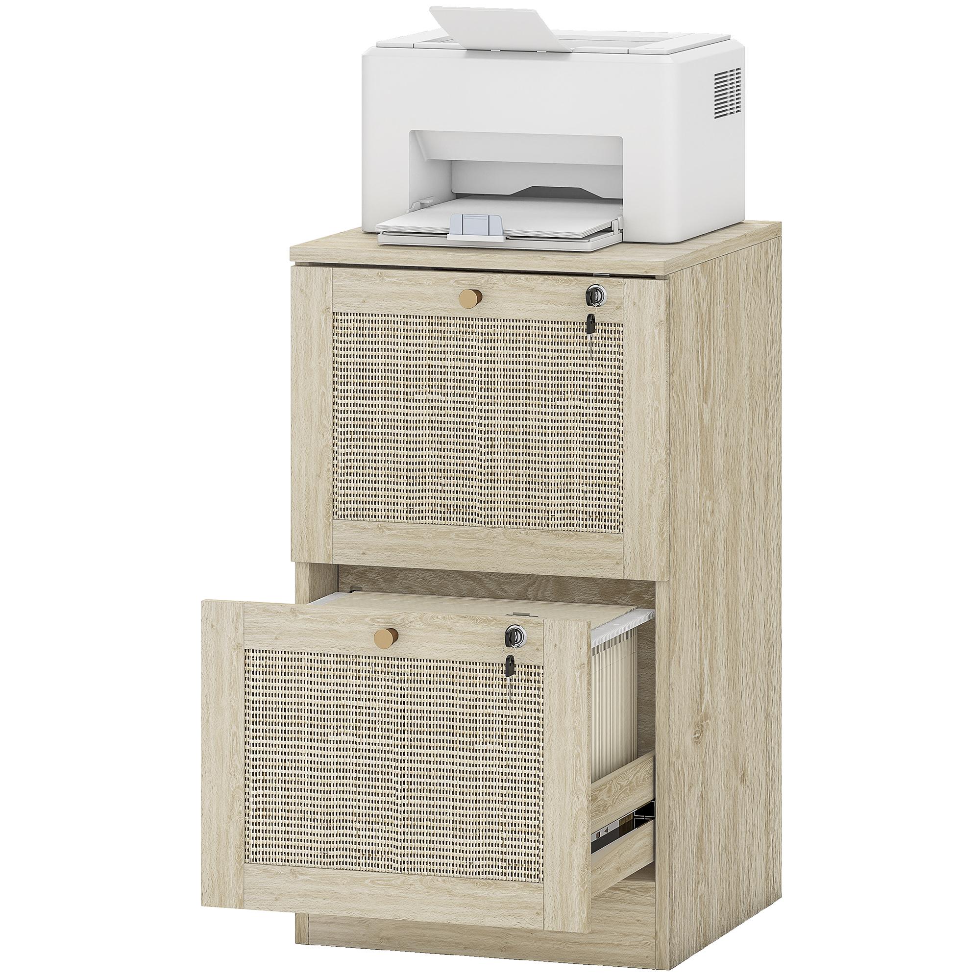 Oak Rattan 2 Drawer Cabinet with Individual Locks